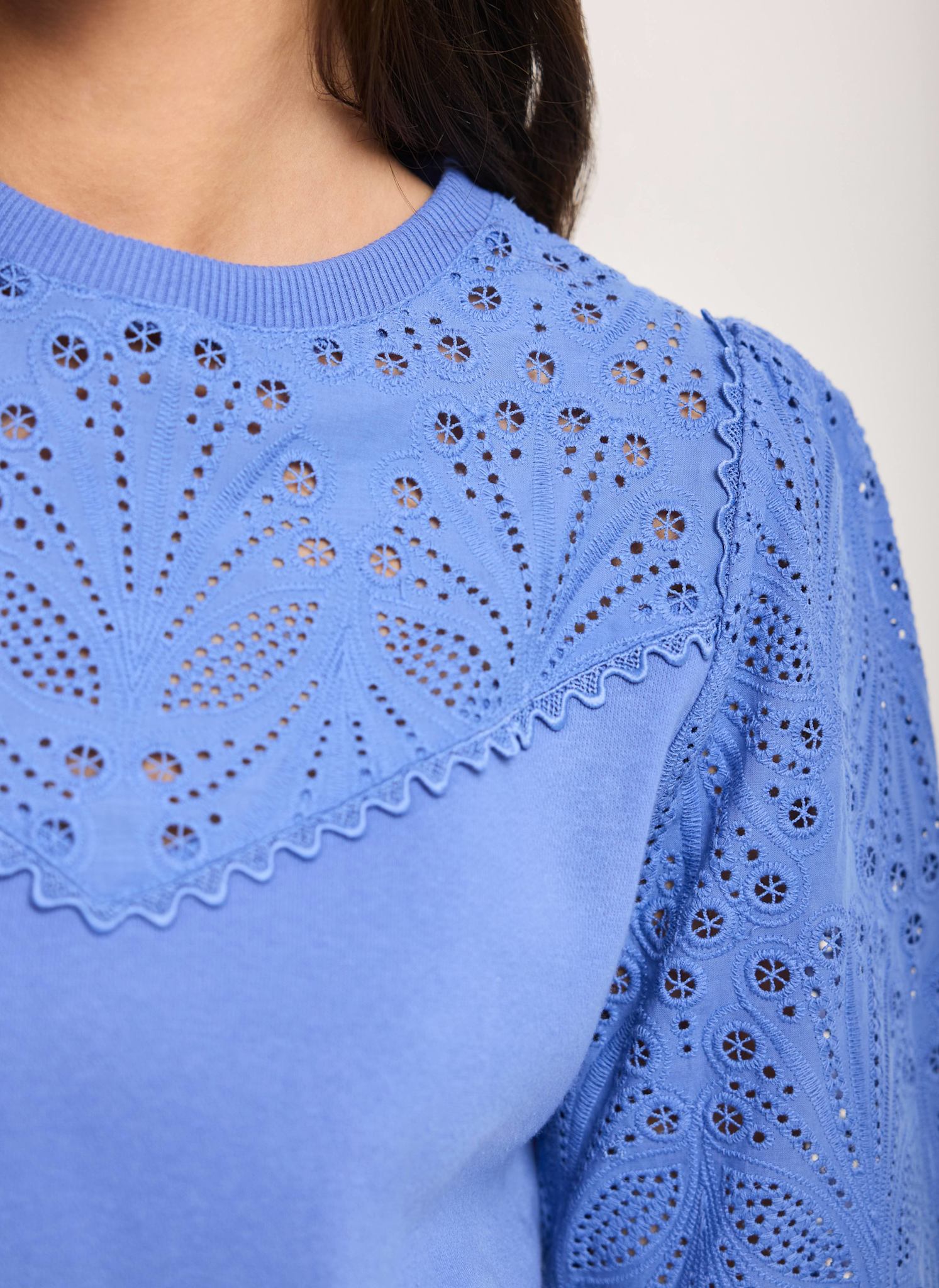 Blue Cotton Blend Broderie Sweatshirt