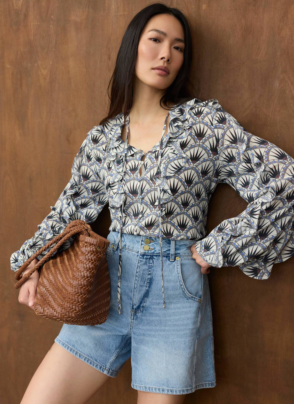 Blue Geo Print Ruffle Blouse