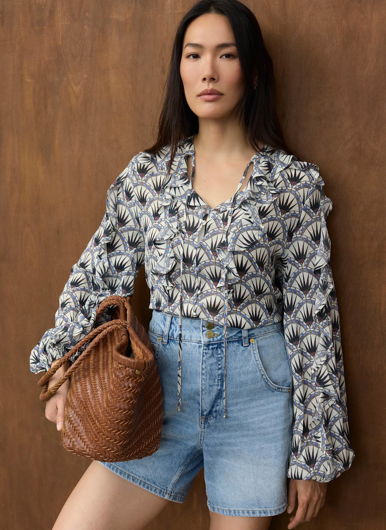 Blue Geo Print Ruffle Blouse