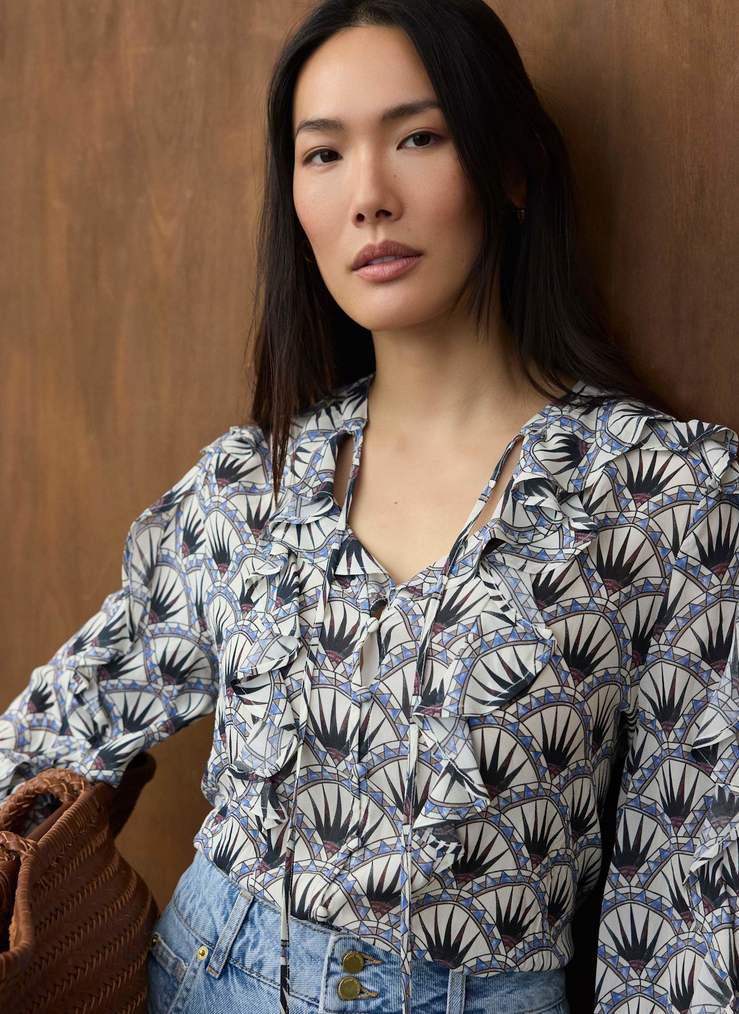 Blue Geo Print Ruffle Blouse