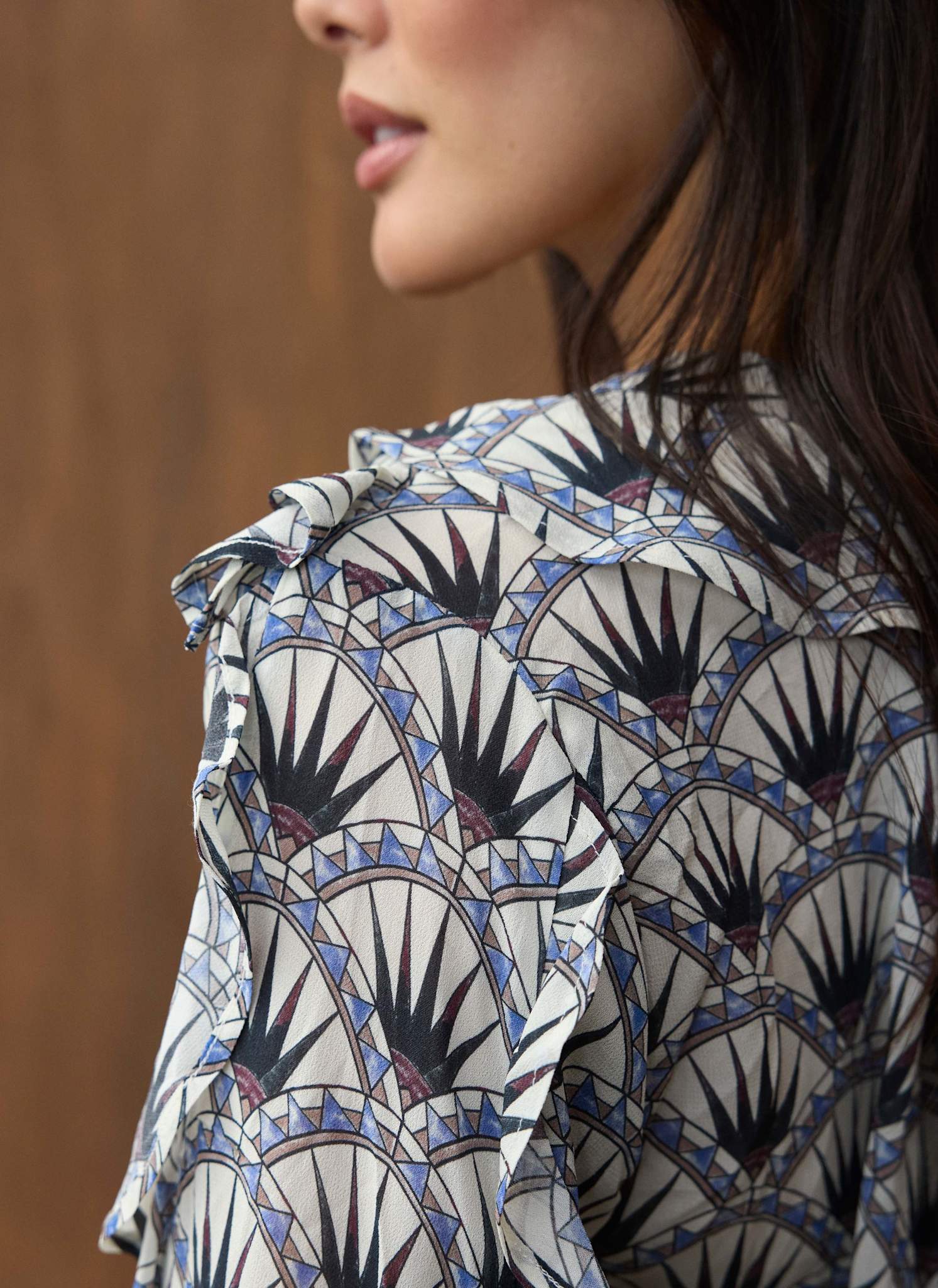 Blue Geo Print Ruffle Blouse