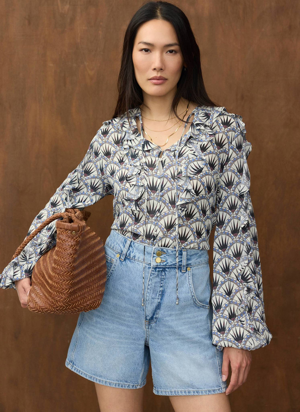 Blue Geo Print Ruffle Blouse