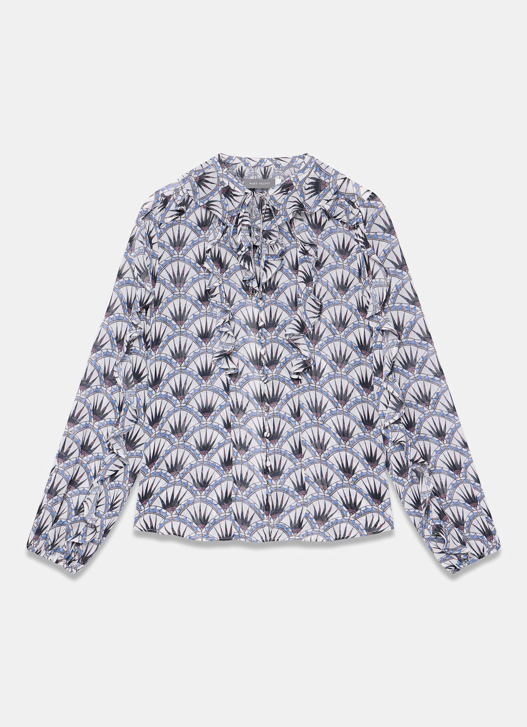 Blue Geo Print Ruffle Blouse