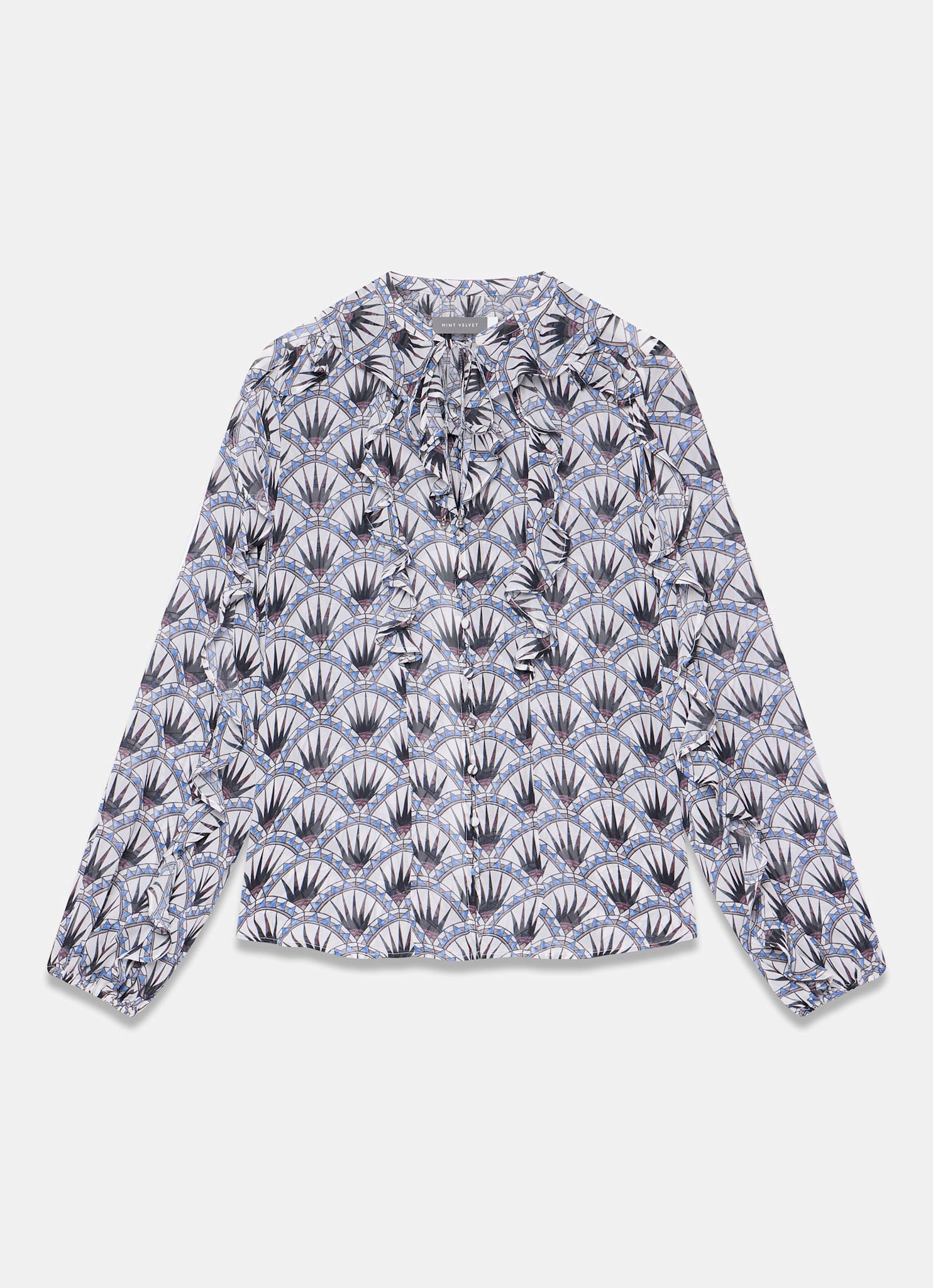 Blue Geo Print Ruffle Blouse