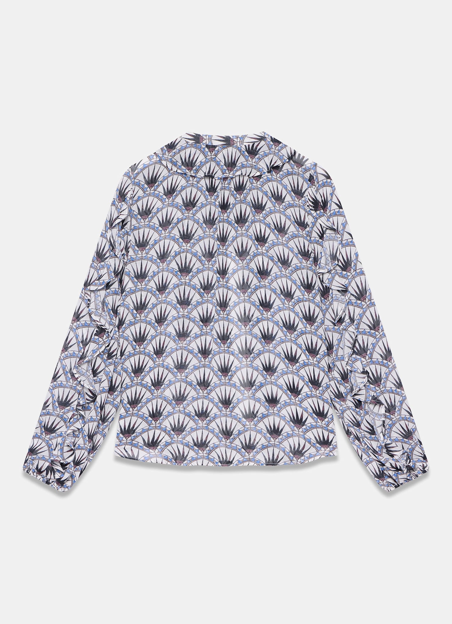 Blue Geo Print Ruffle Blouse