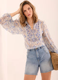 Blue Geo Print Ruffle Blouse