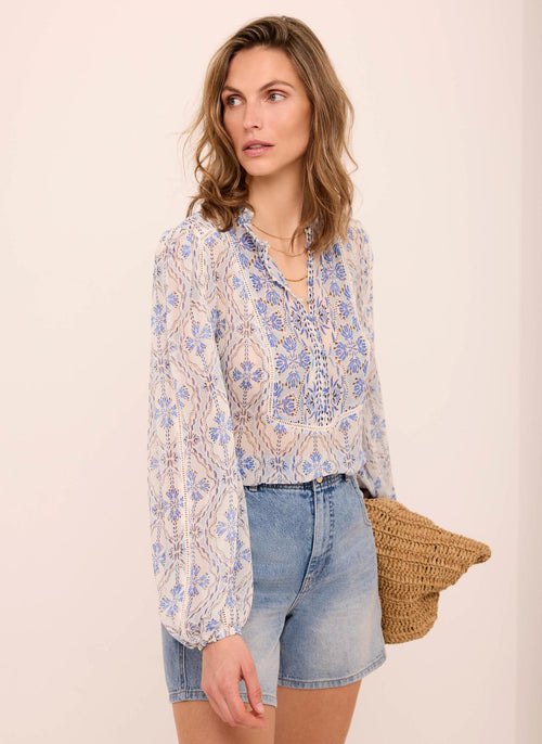 Blue Geo Print Ruffle Blouse