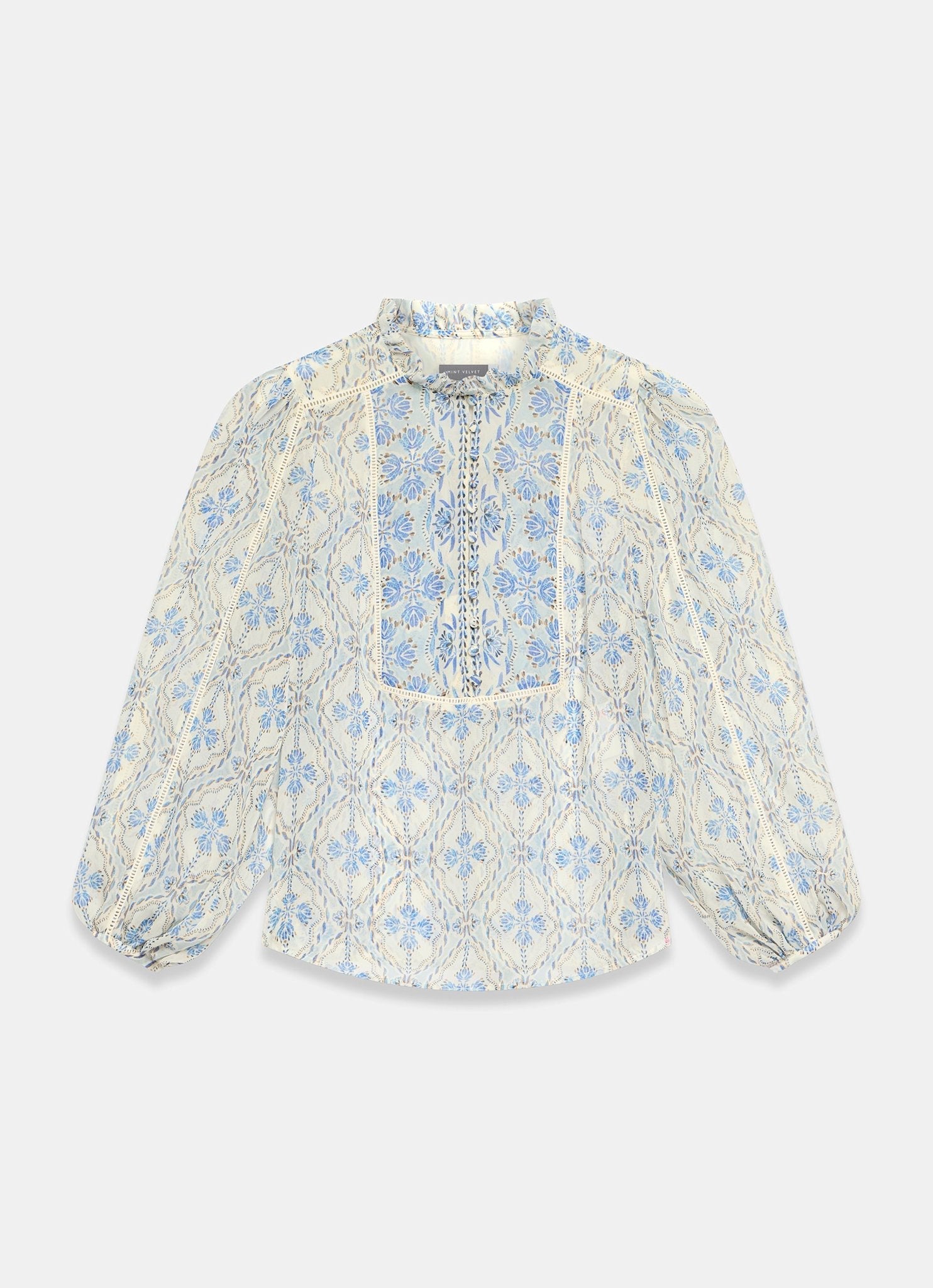 Blue Geo Print Ruffle Blouse