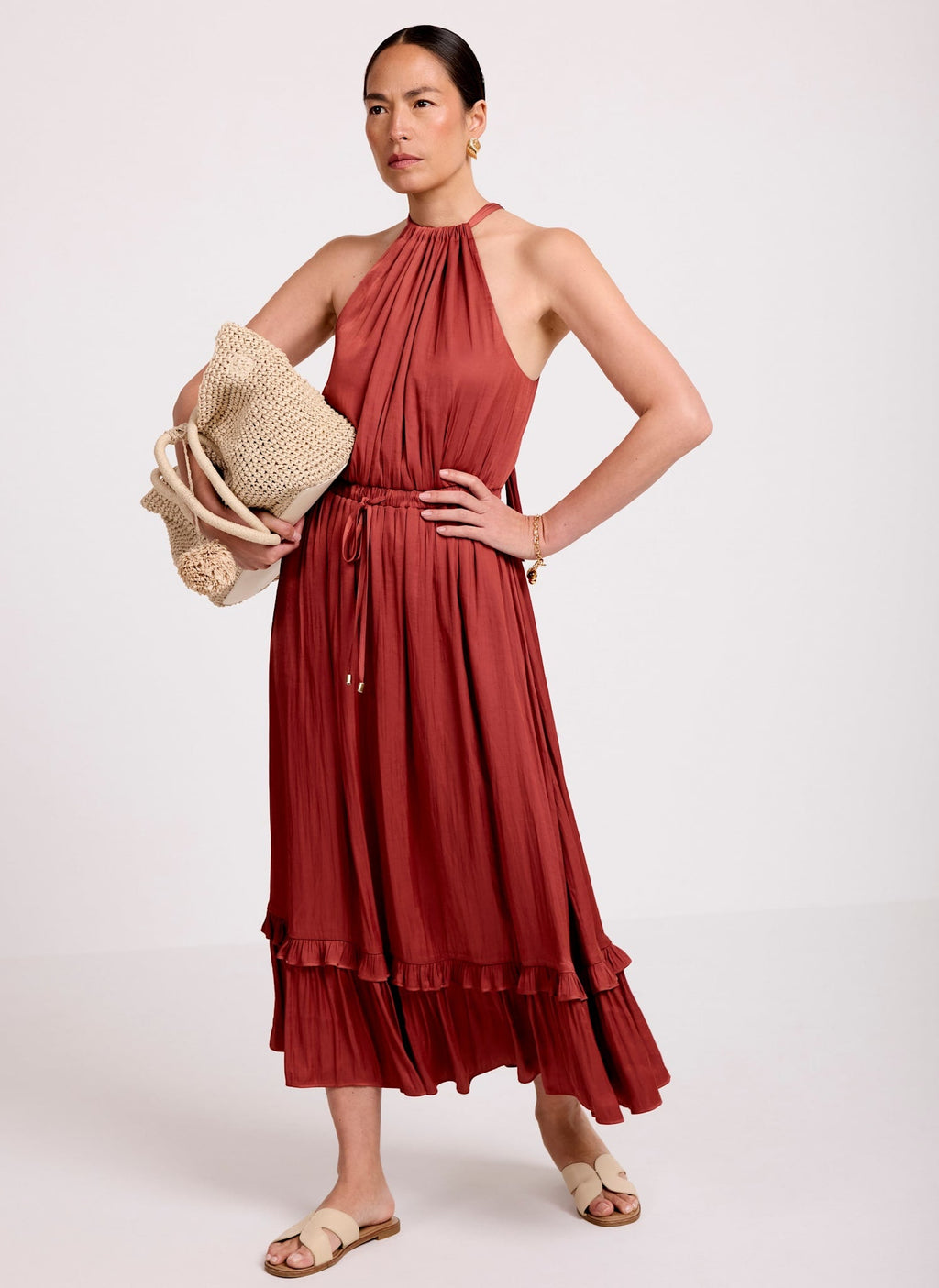 Rust Red Satin Halter Midi Dress