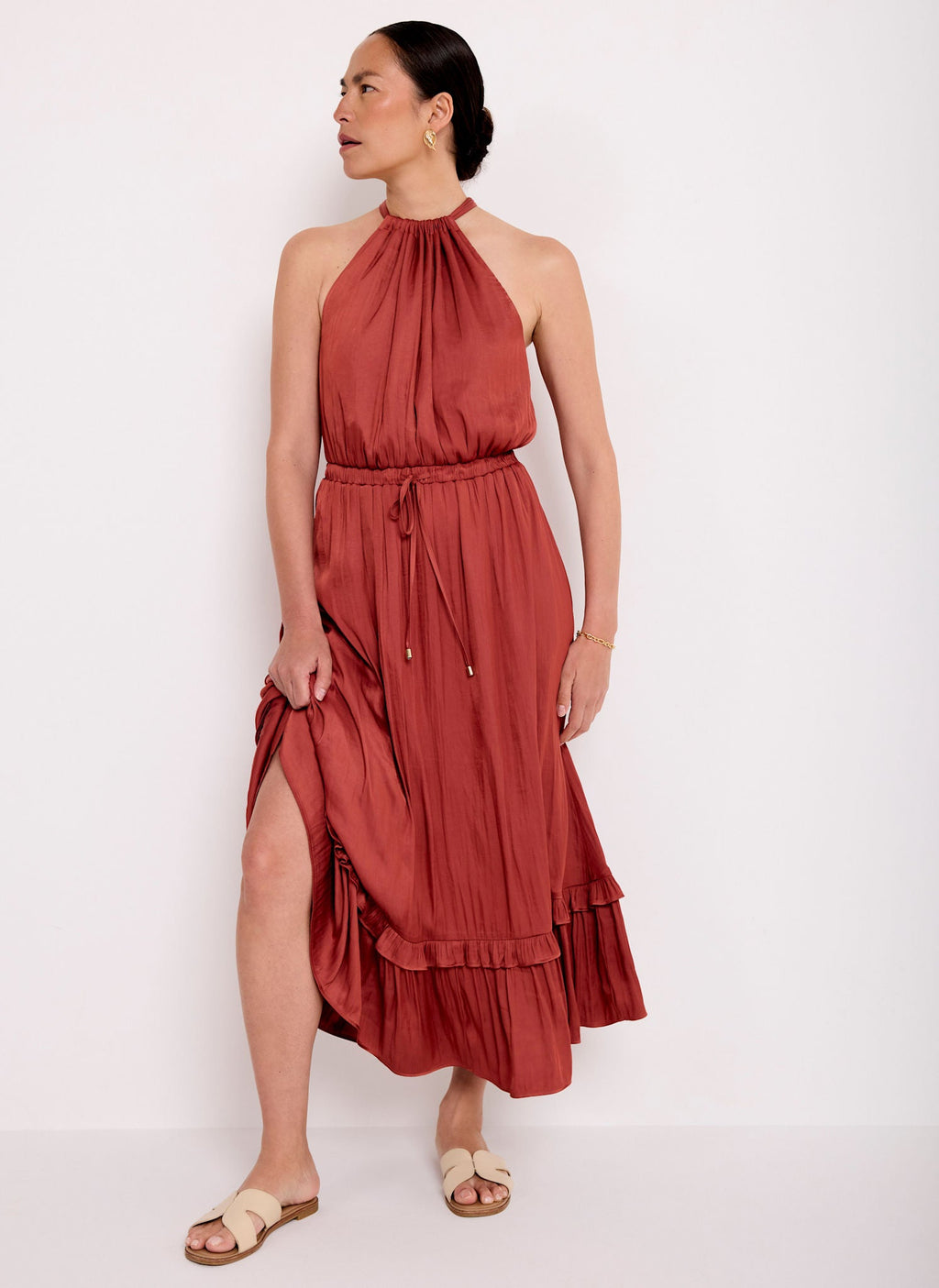 Rust Red Satin Halter Midi Dress