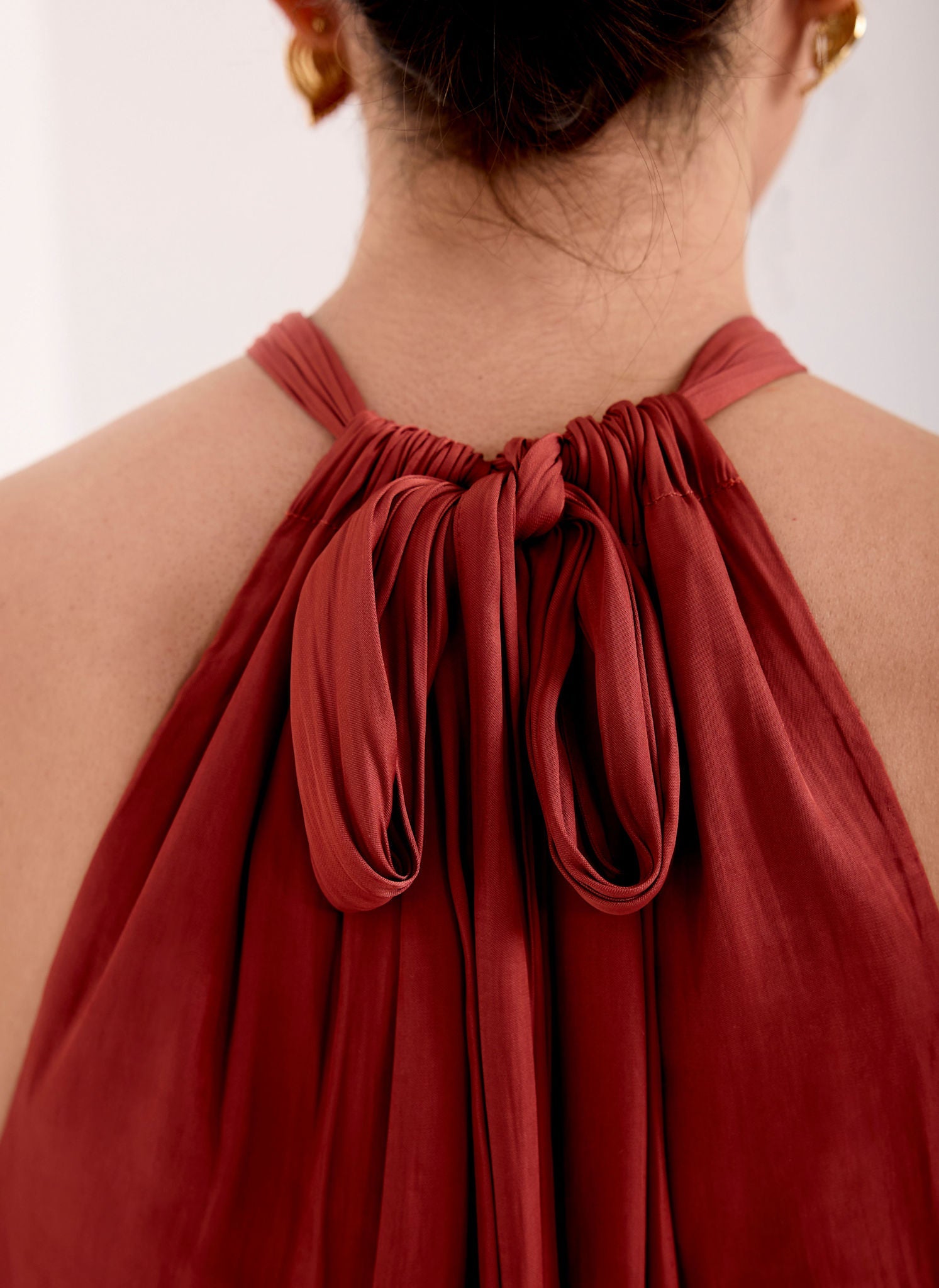 Rust Red Satin Halter Midi Dress
