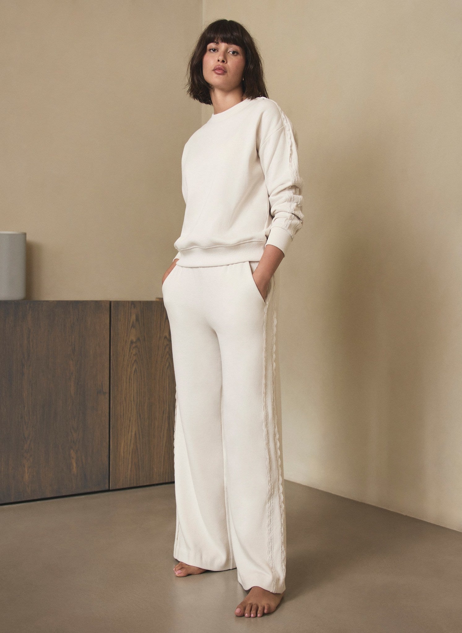 Cream Cotton Blend Lace Trim Sweatshirt