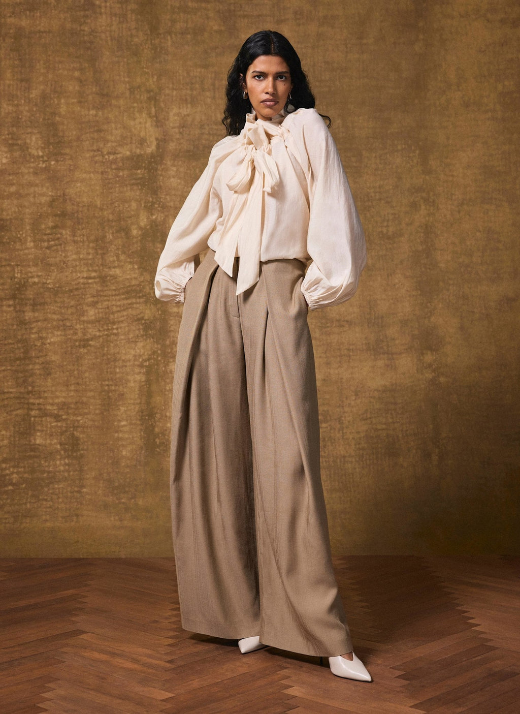 Cream Blouson Tie Neck Blouse