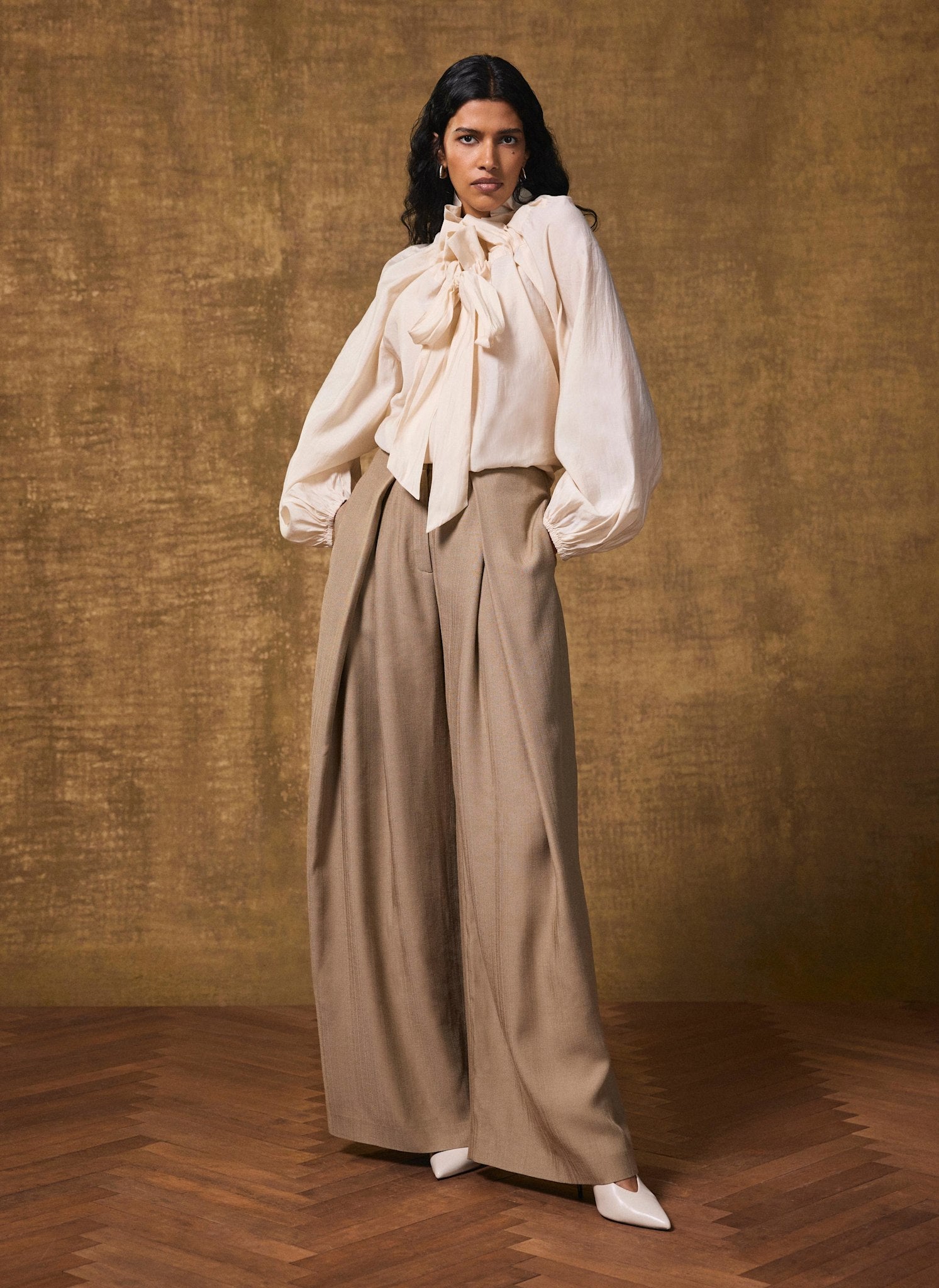 Cream Blouson Tie Neck Blouse