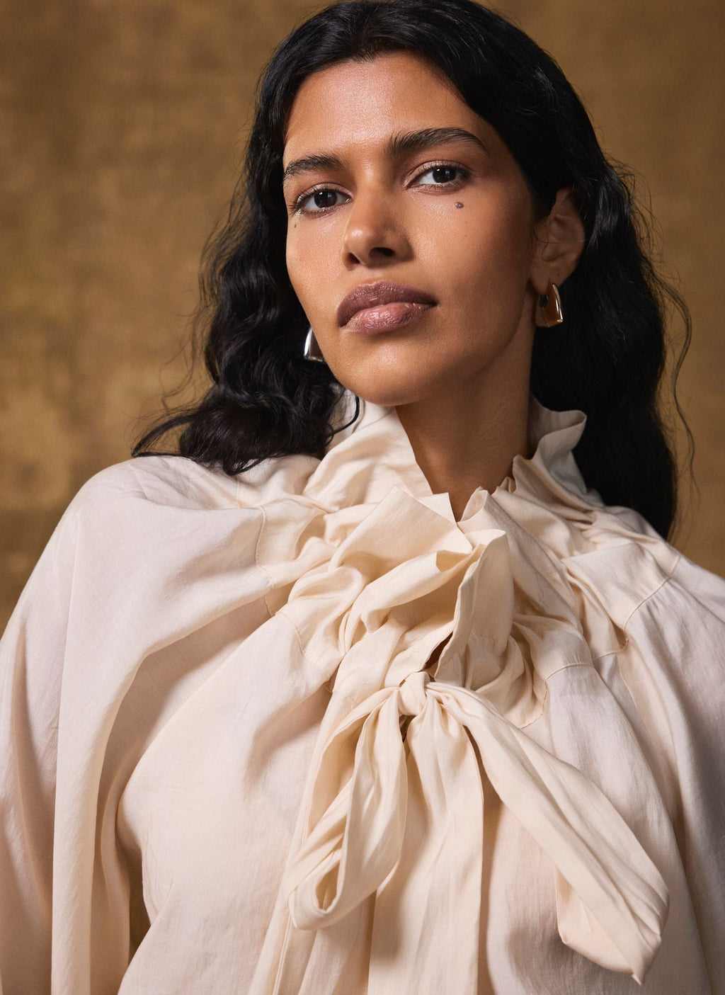 Cream Blouson Tie Neck Blouse