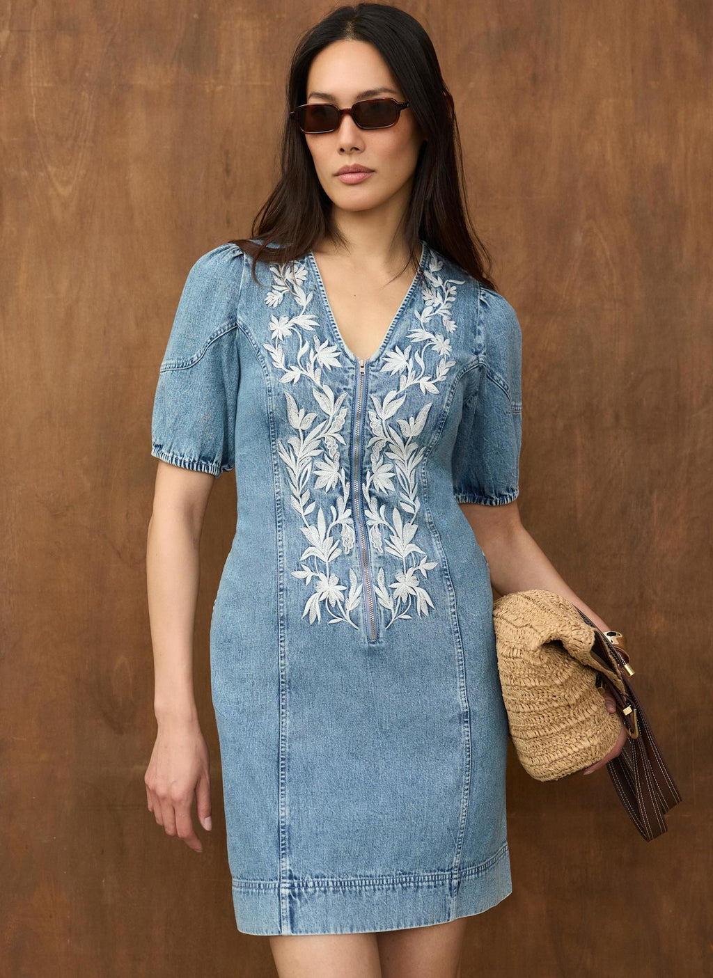 Mid Indigo Embroidered Denim Mini Dress