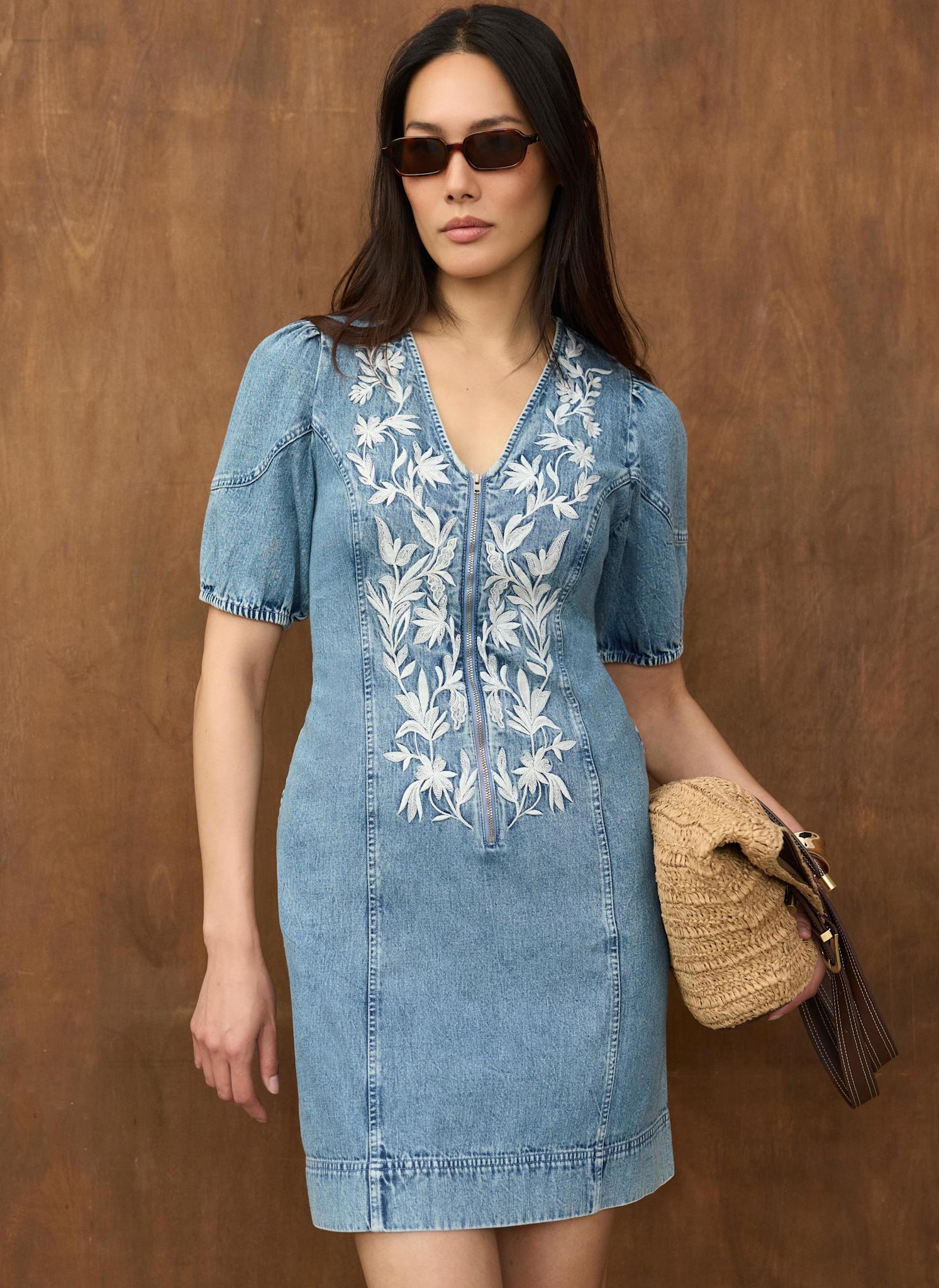 Mid Indigo Embroidered Denim Mini Dress