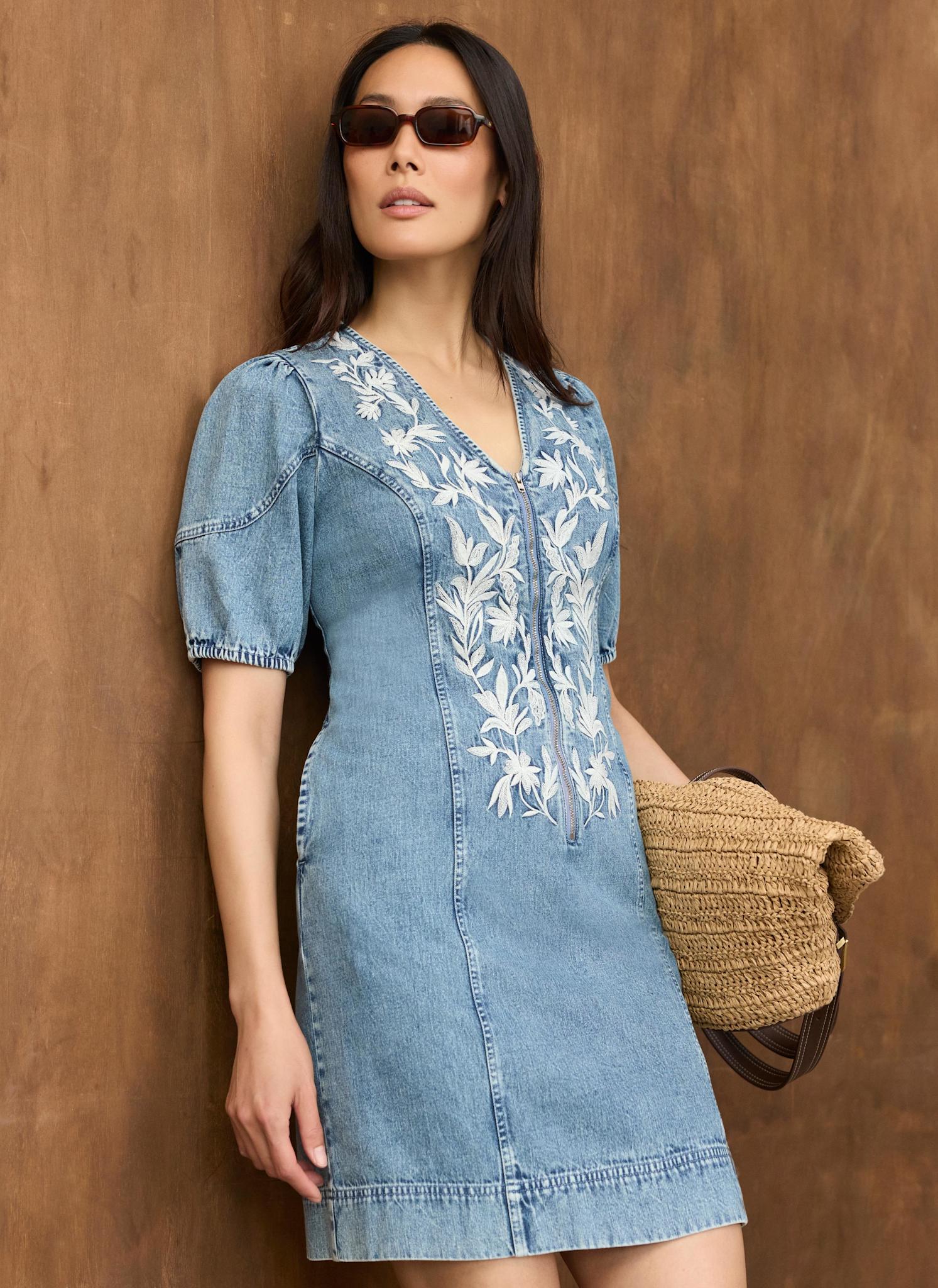 Mid Indigo Embroidered Denim Mini Dress