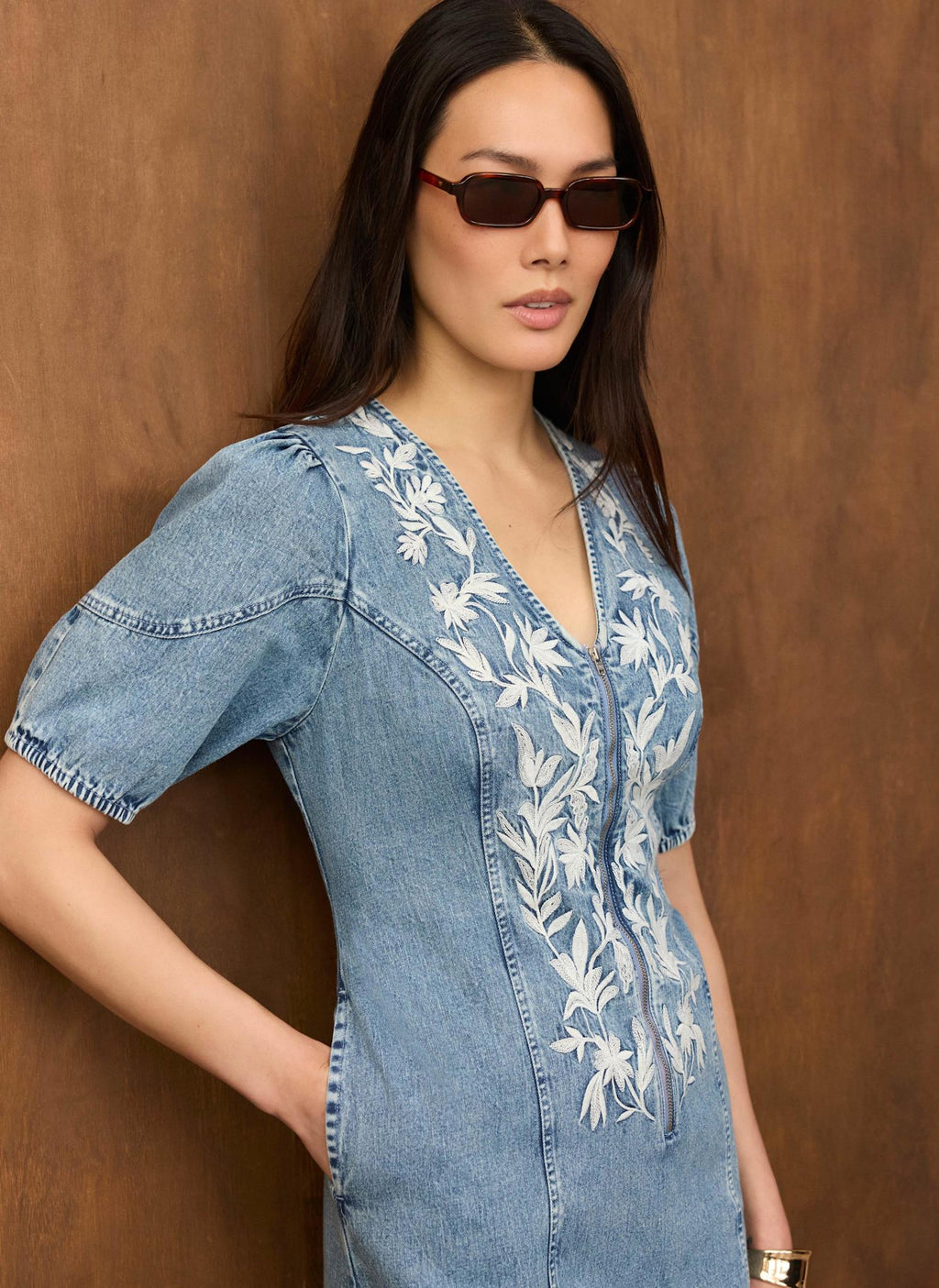 Mid Indigo Embroidered Denim Mini Dress