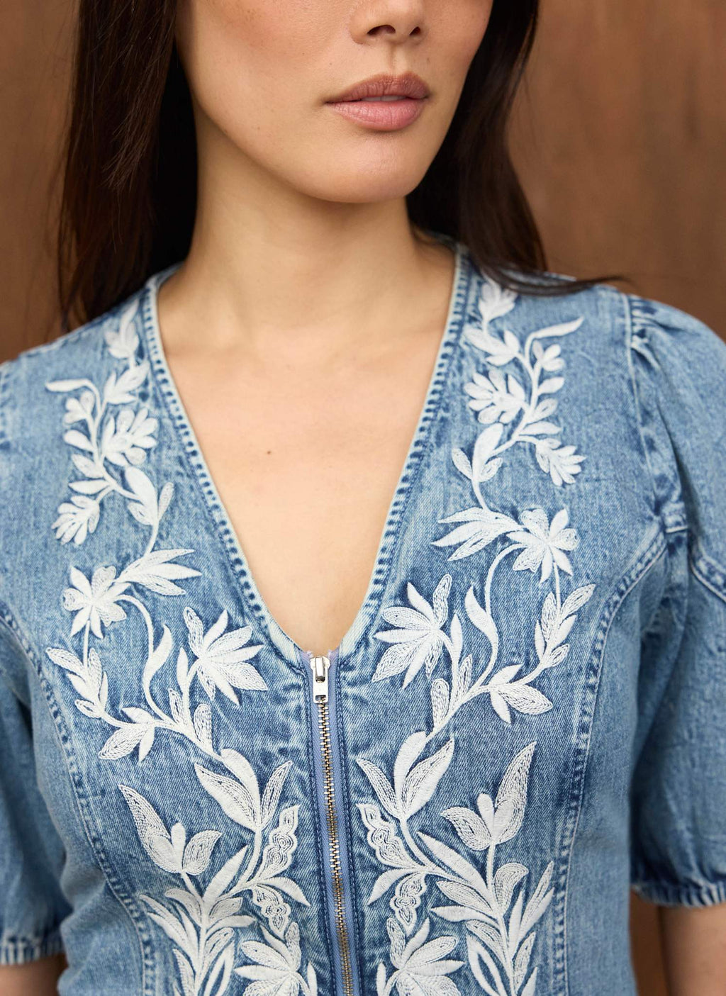 Mid Indigo Embroidered Denim Mini Dress