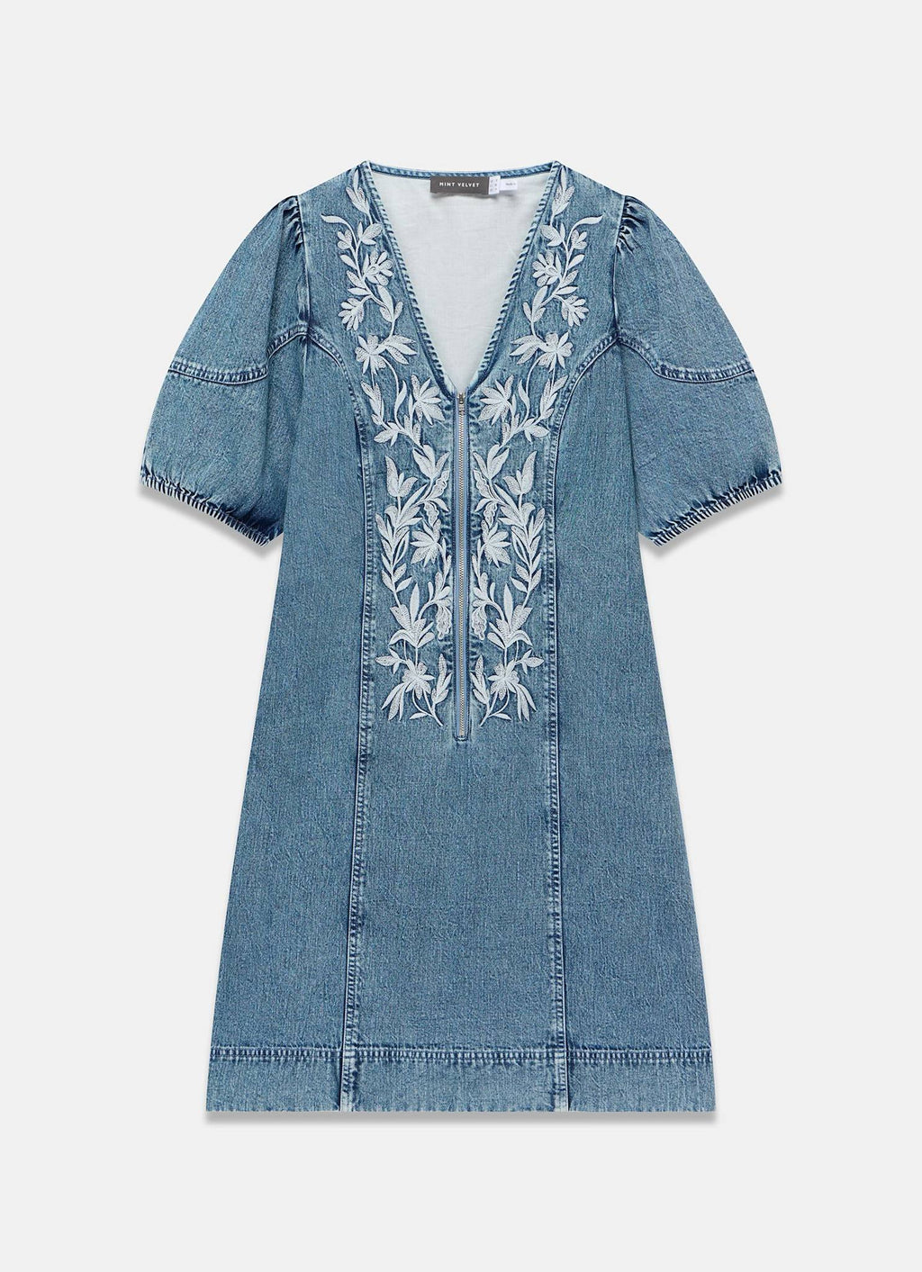 Mid Indigo Embroidered Denim Mini Dress