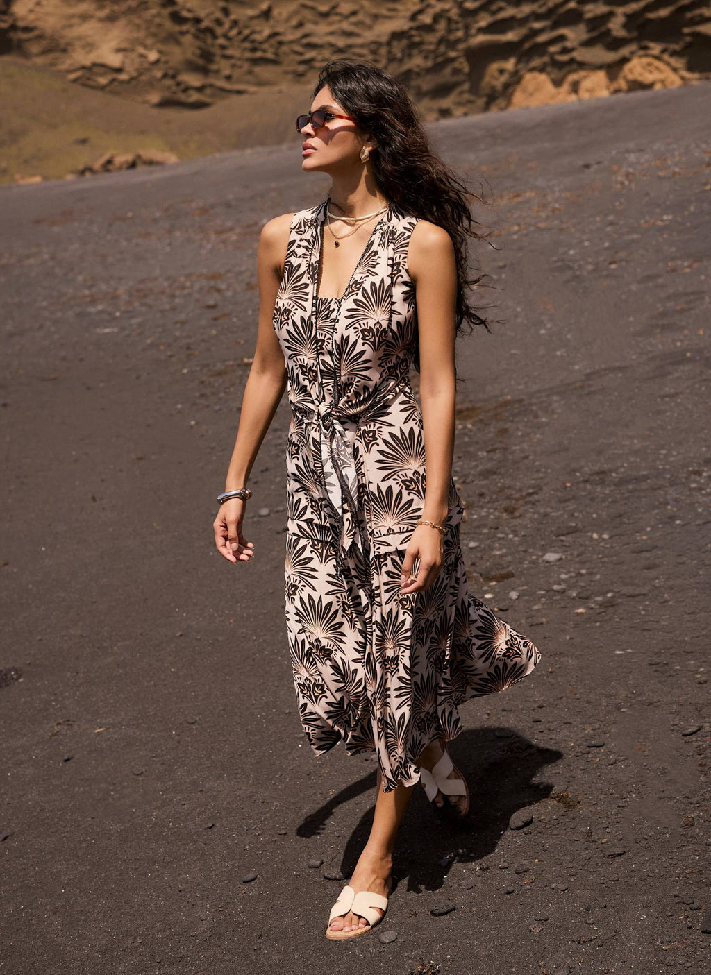 Neutral Floral Print Midi Dress