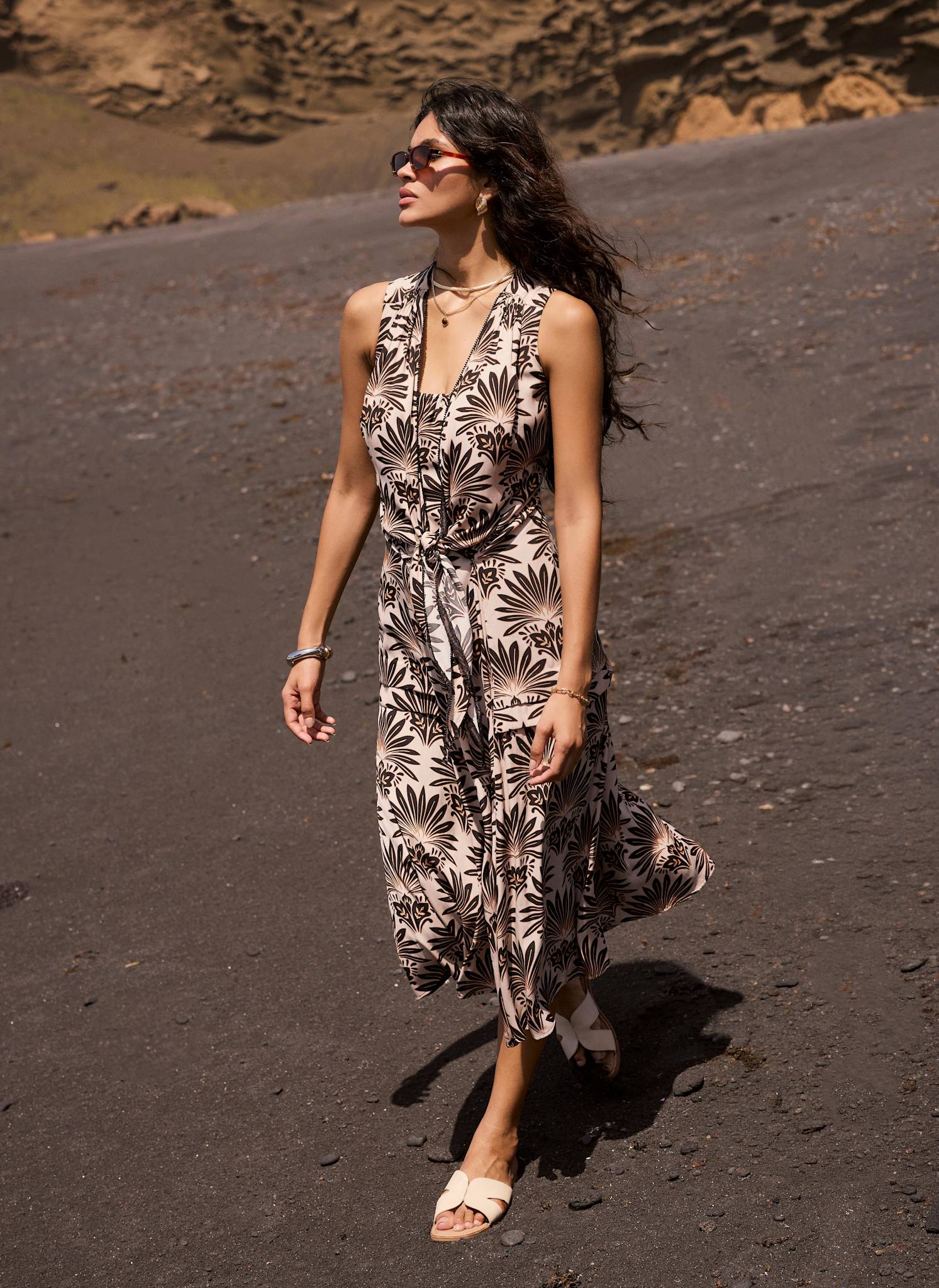 Neutral Floral Print Midi Dress