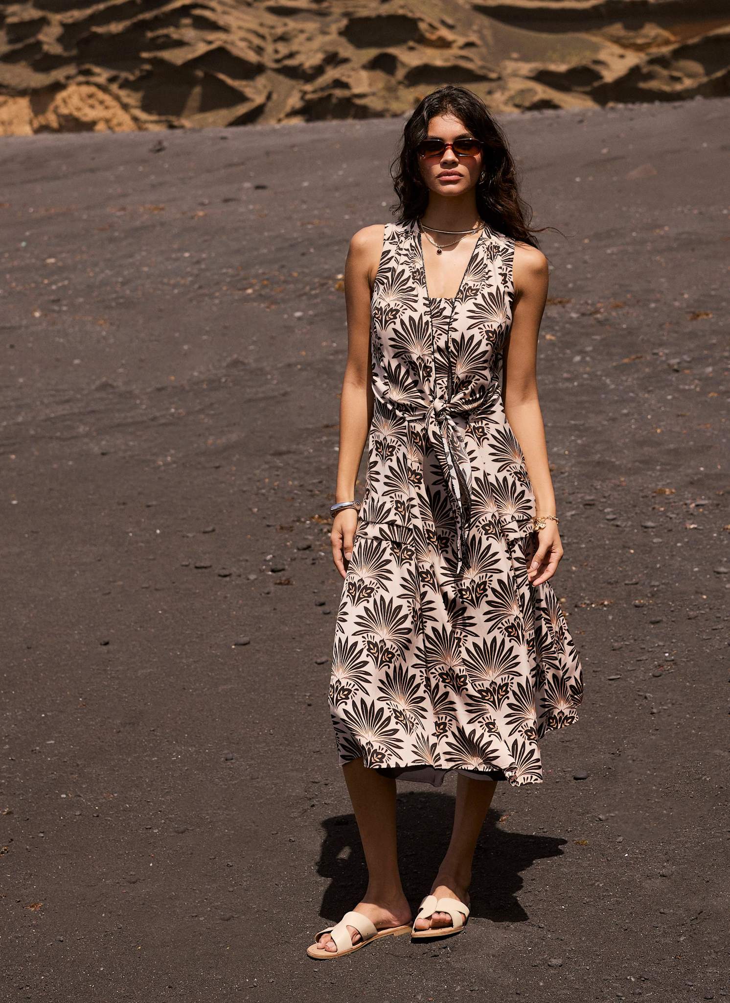 Neutral Floral Print Midi Dress