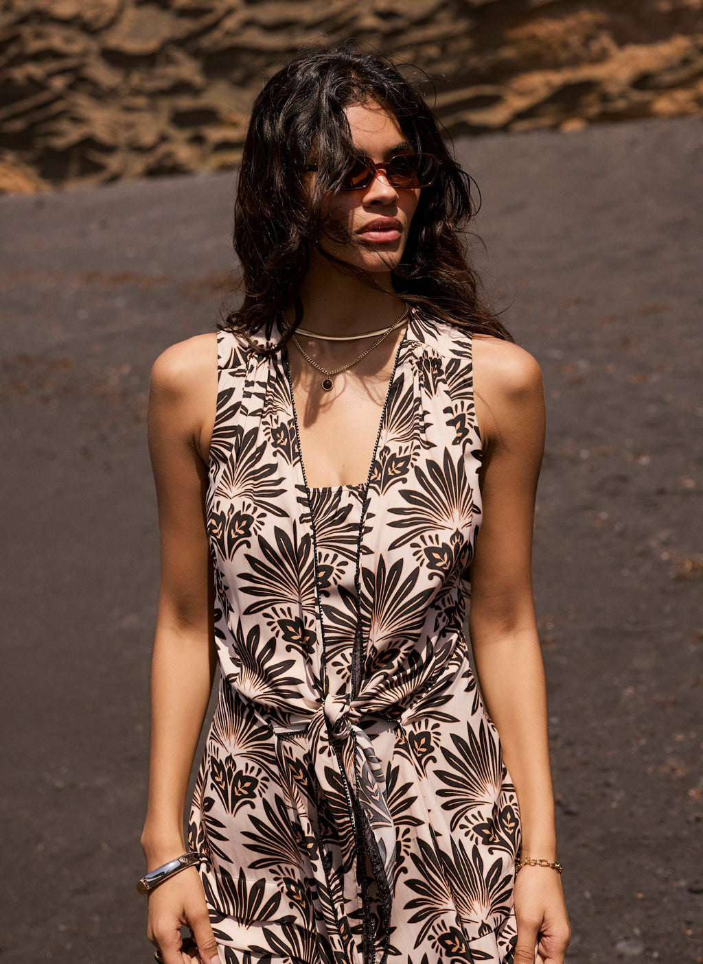 Neutral Floral Print Midi Dress