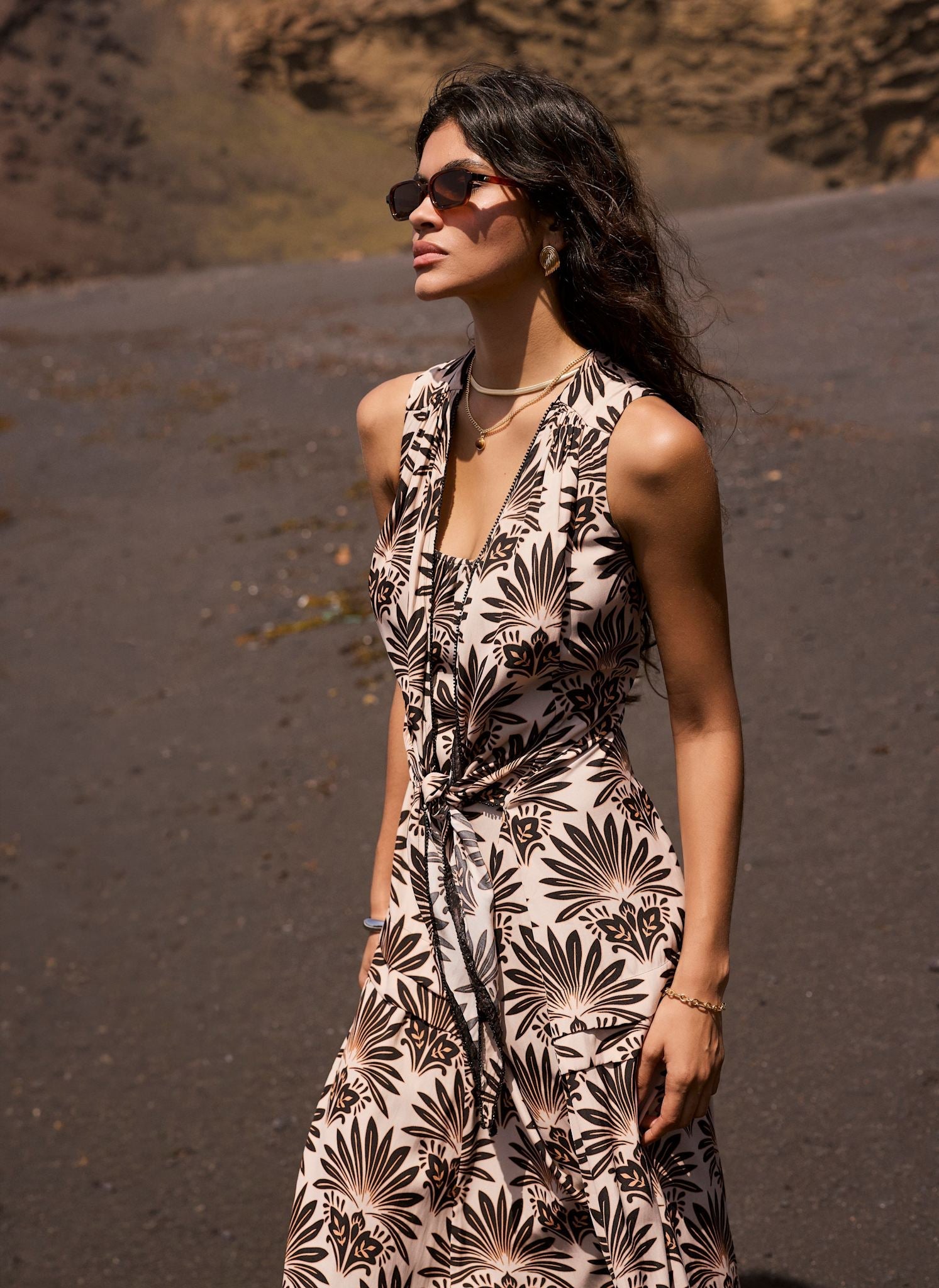 Neutral Floral Print Midi Dress