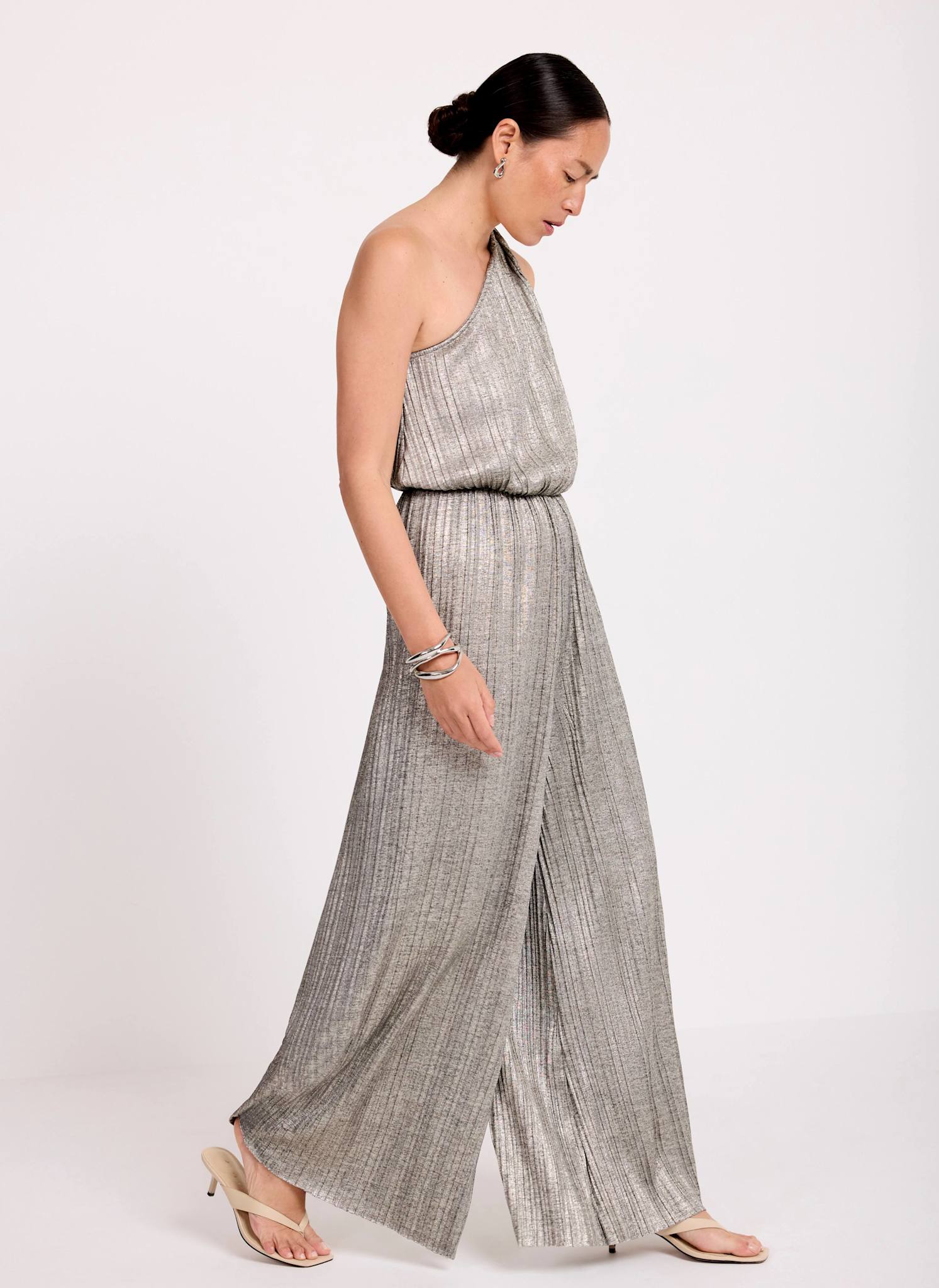 Metallic Plisse One Shoulder Jumpsuit