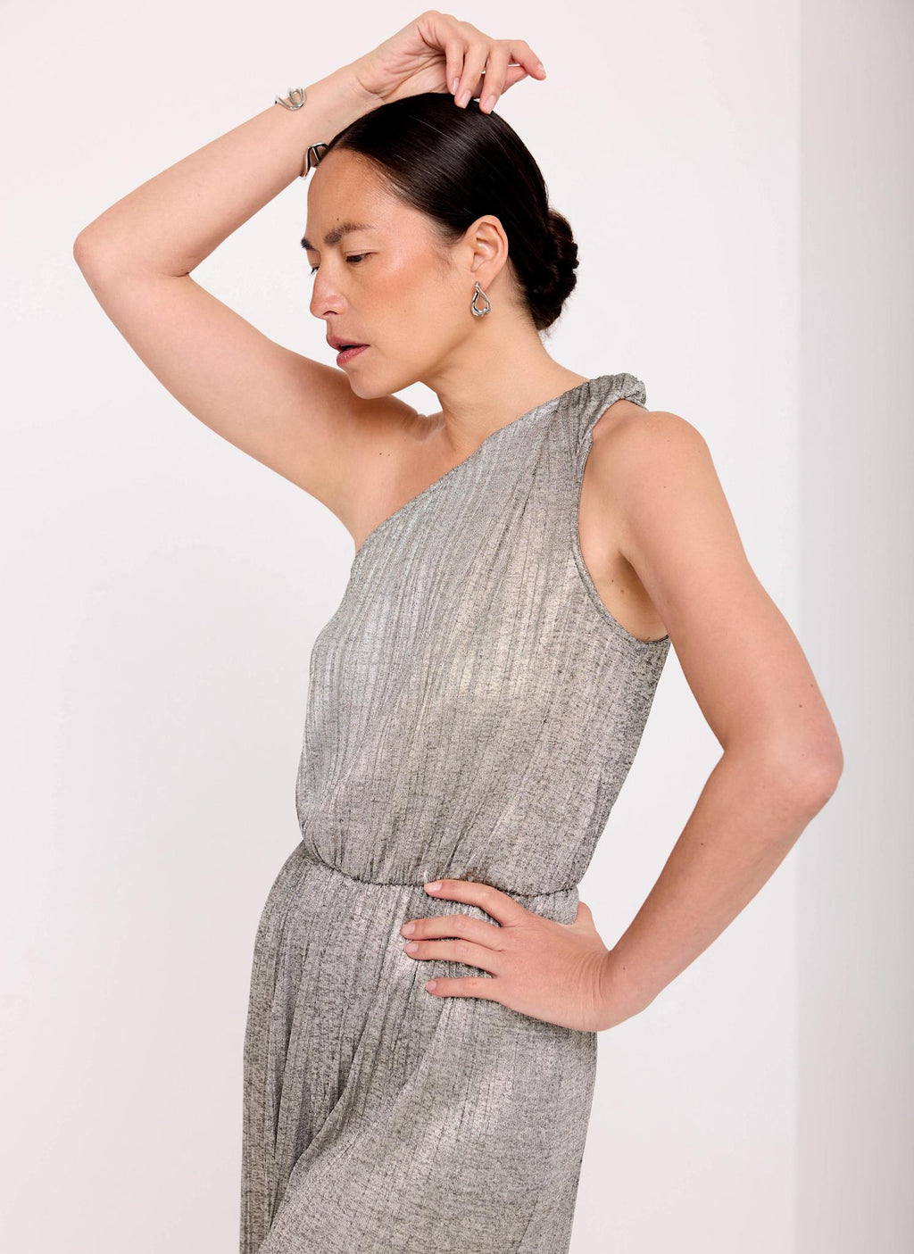 Metallic Plisse One Shoulder Jumpsuit