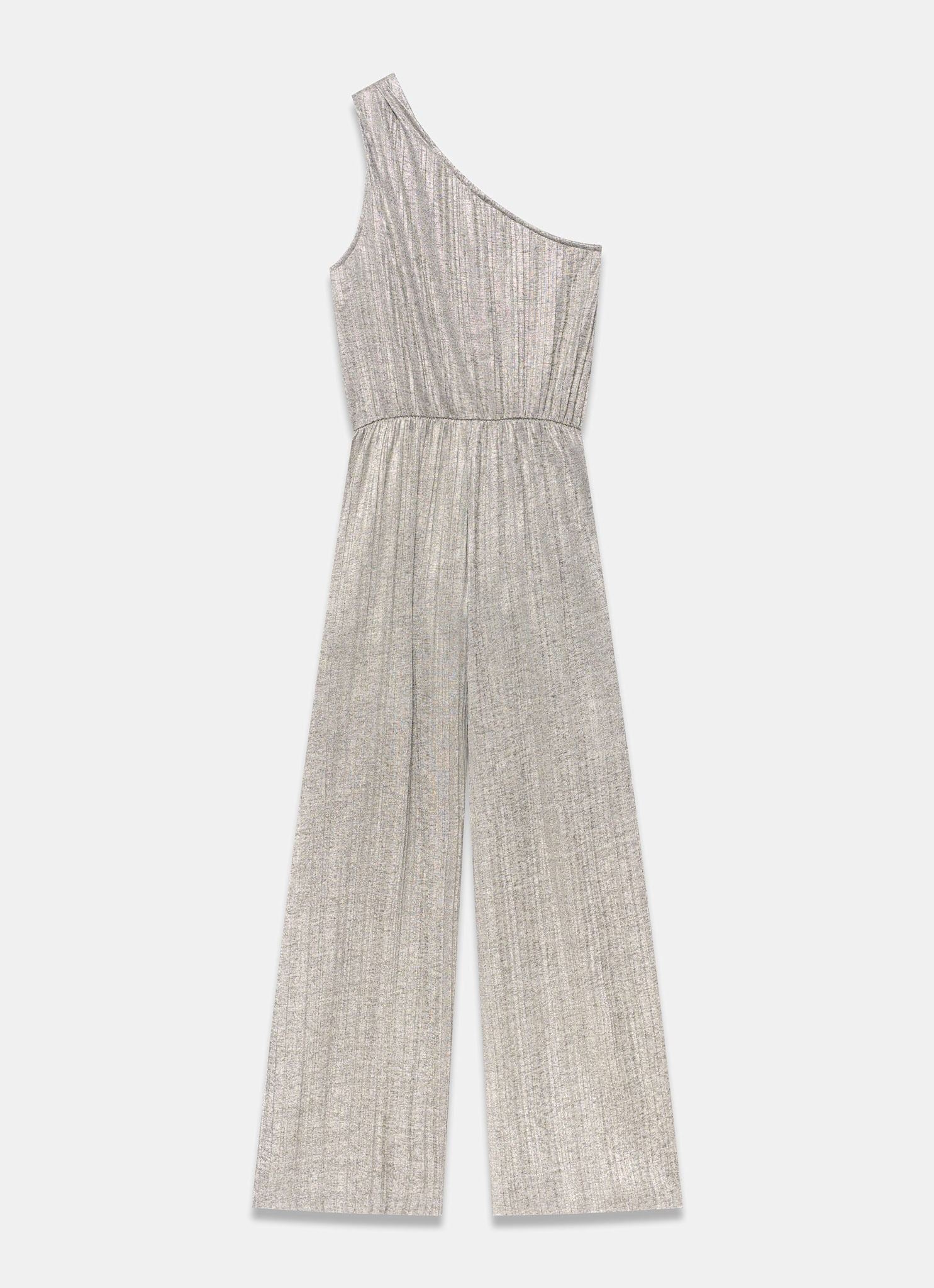 Metallic Plisse One Shoulder Jumpsuit