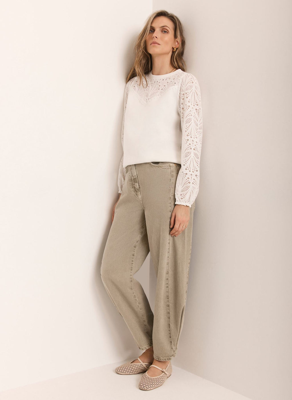 White Cotton Blend Broderie Sweatshirt