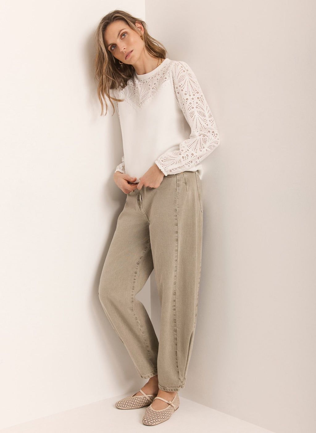 White Cotton Blend Broderie Sweatshirt