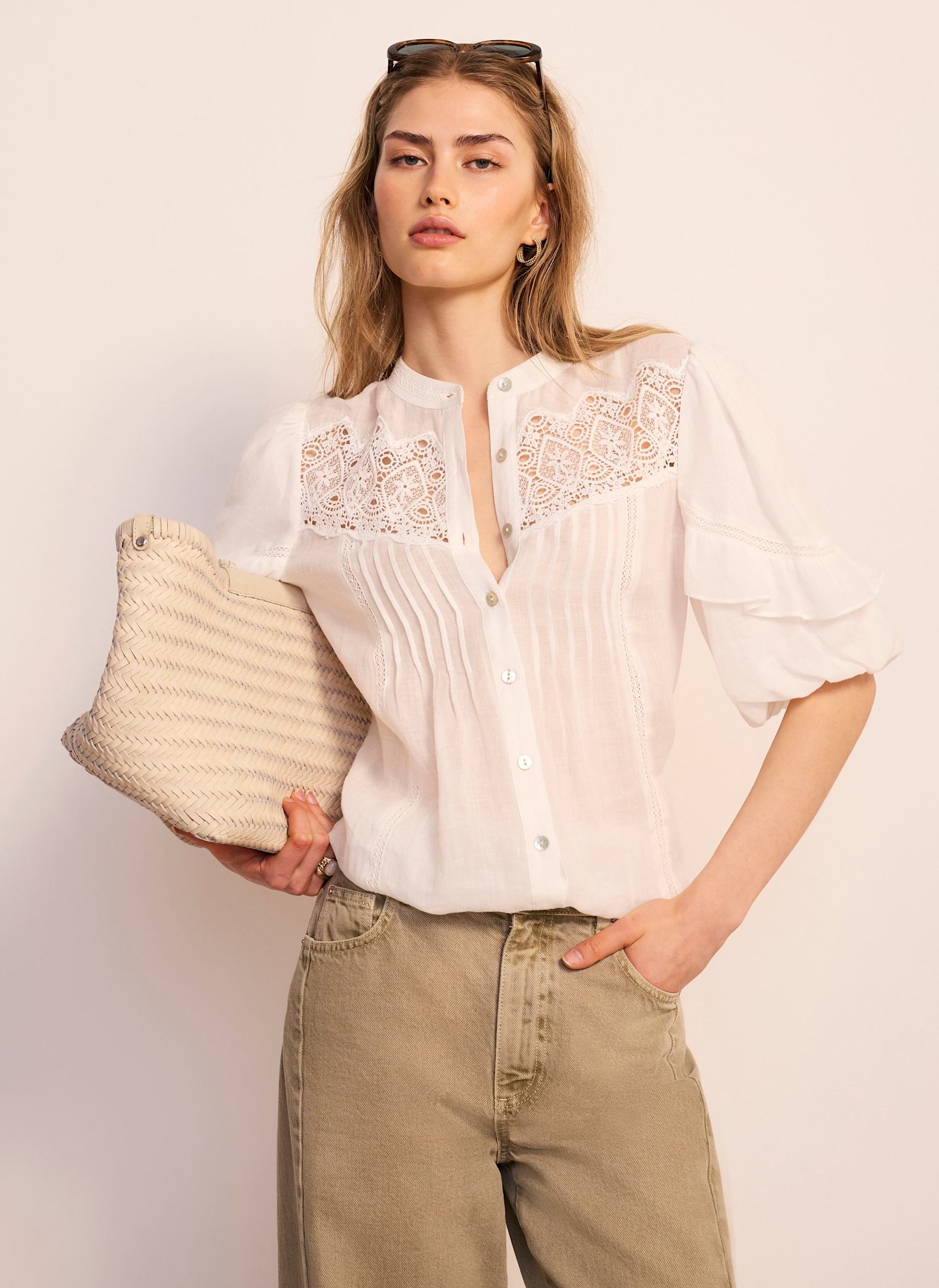 White Ramie Lace Detail Blouse