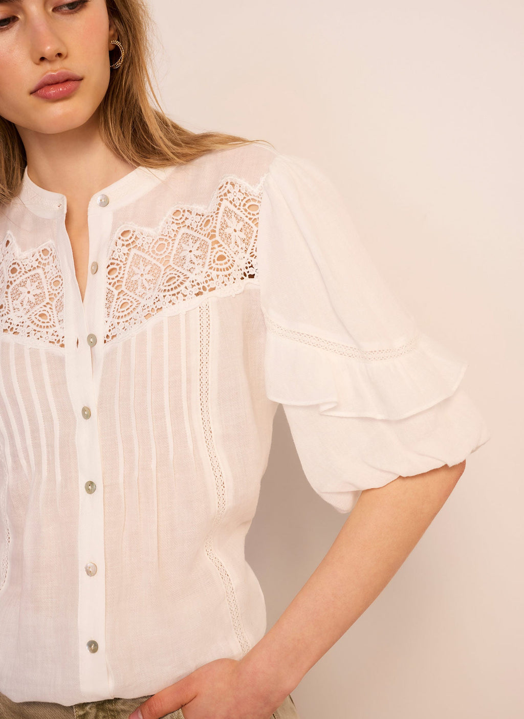 White Ramie Lace Detail Blouse