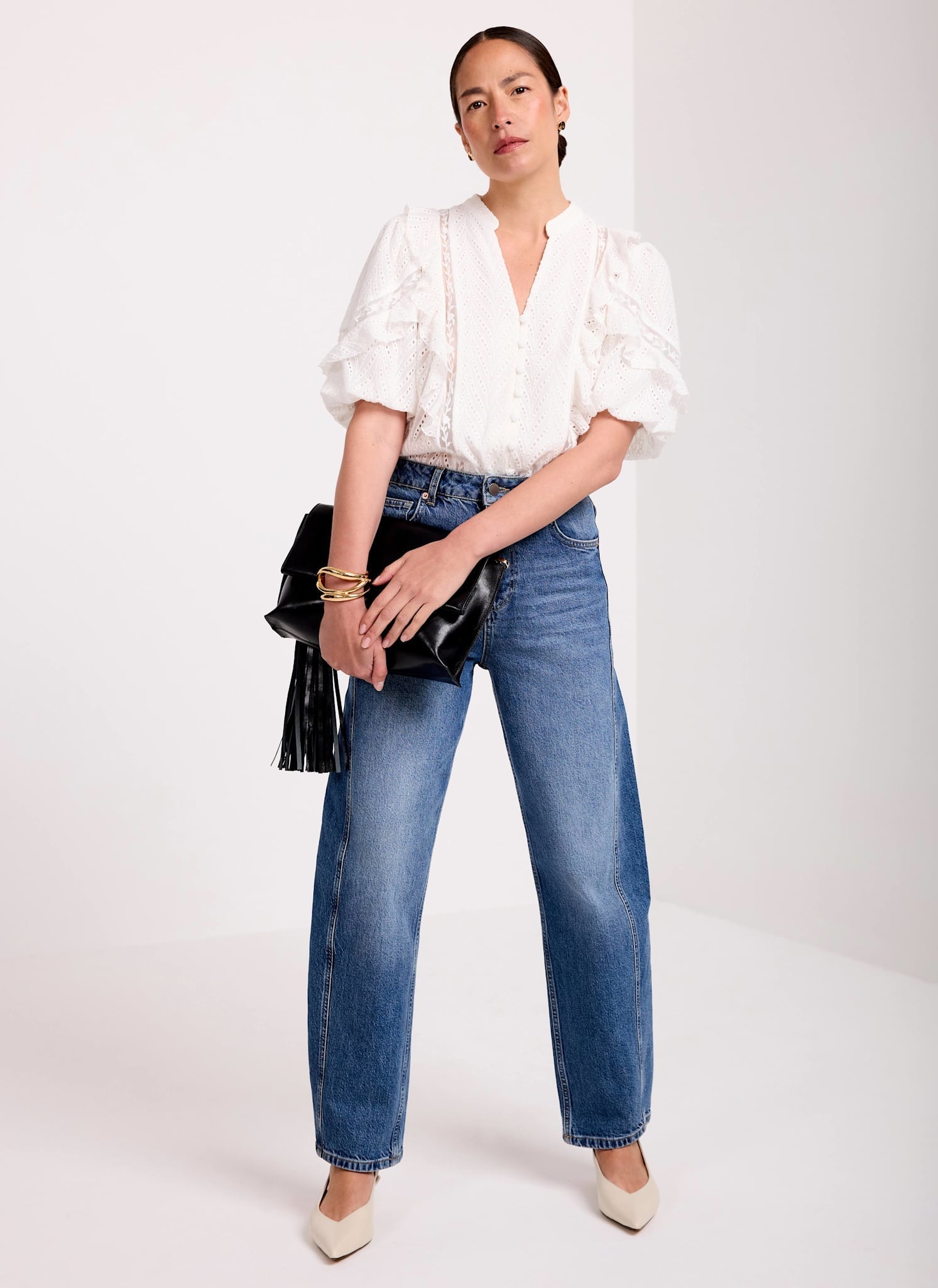 White Ruffle Puff Sleeve Blouse