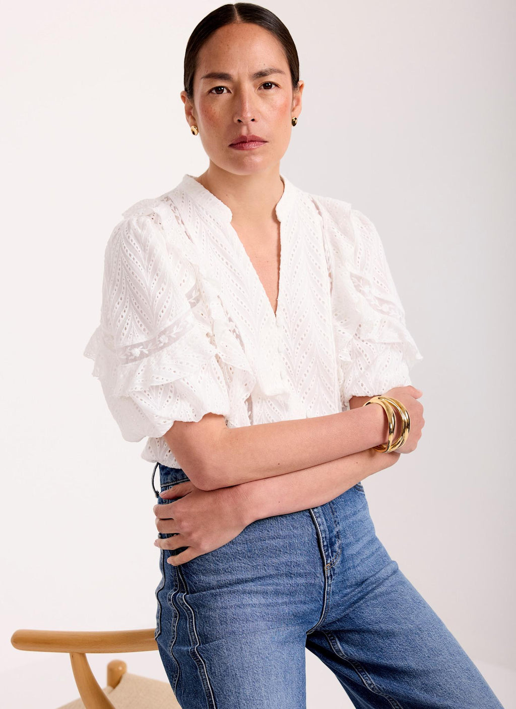 White Ruffle Puff Sleeve Blouse