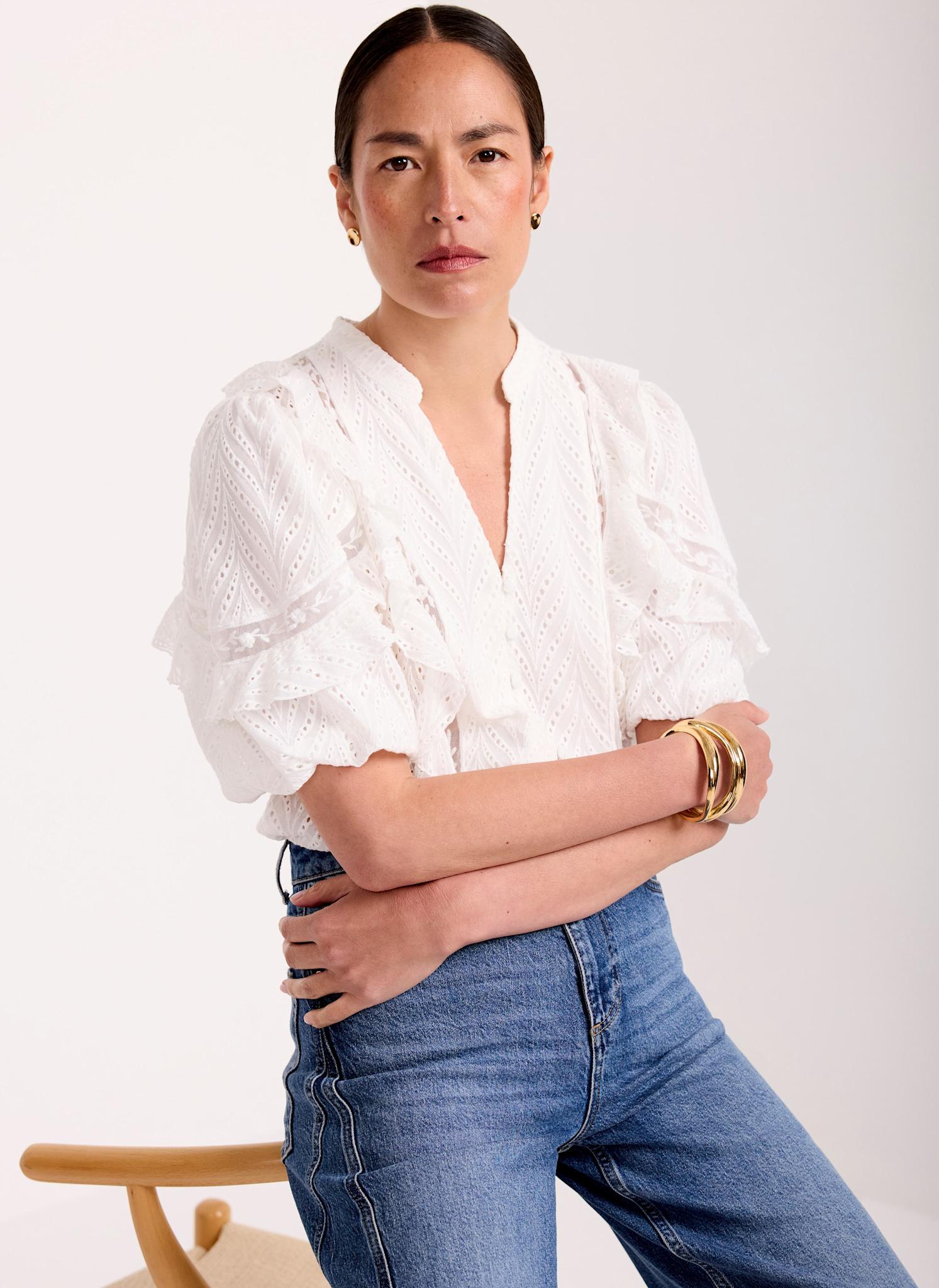 White Ruffle Puff Sleeve Blouse