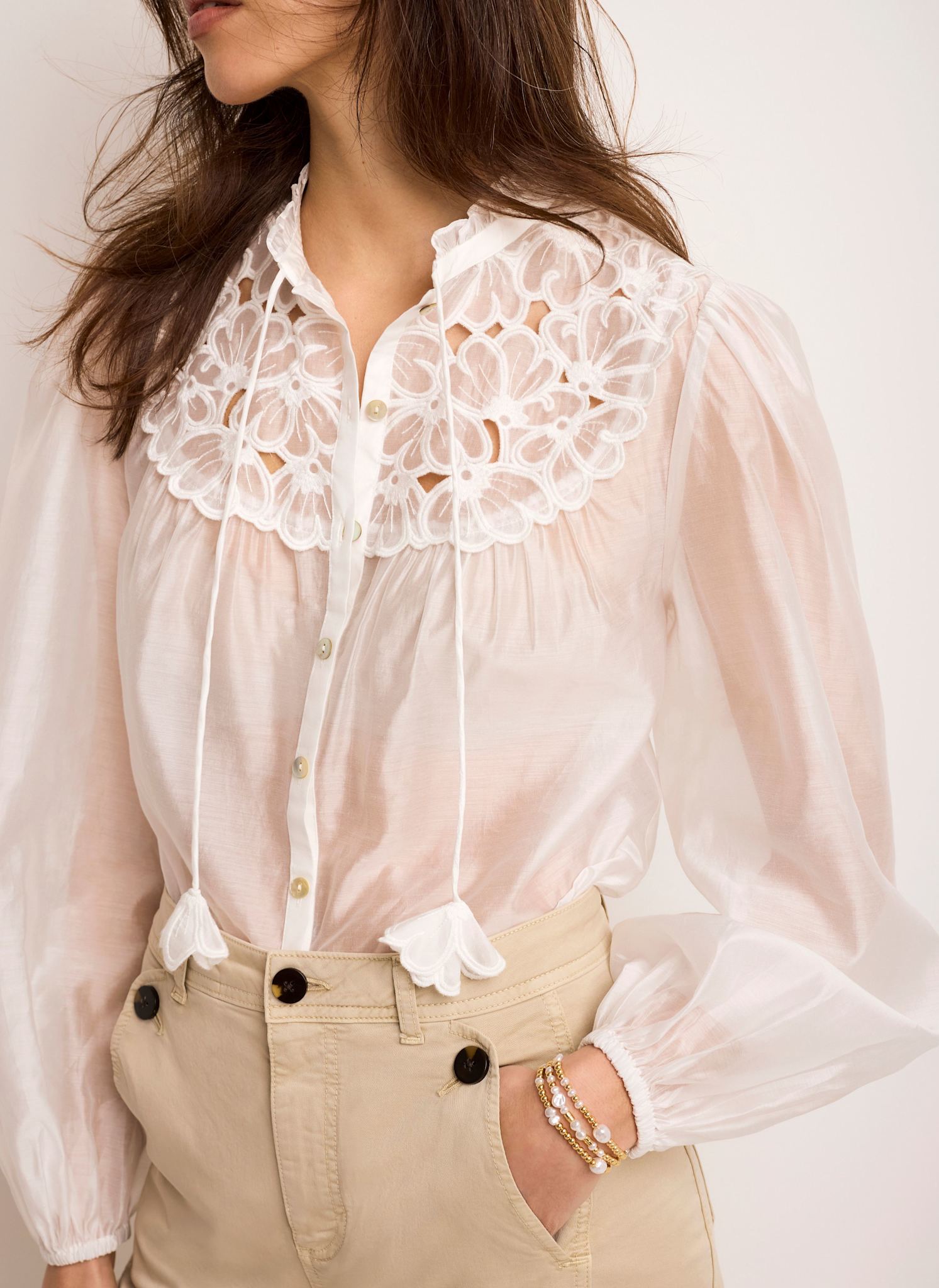White Floral Cutwork Detail Blouse