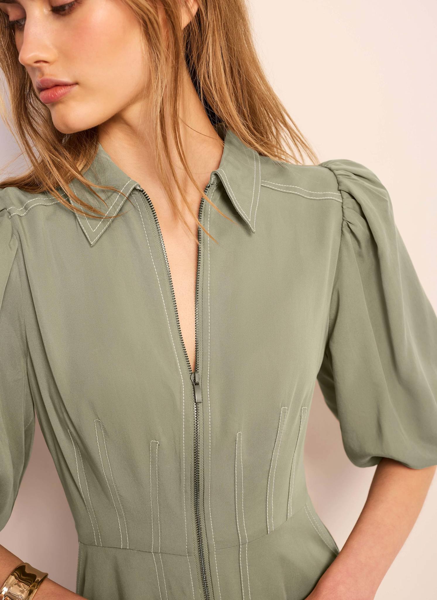 Khaki Utility Zip Midi Shirt Dress