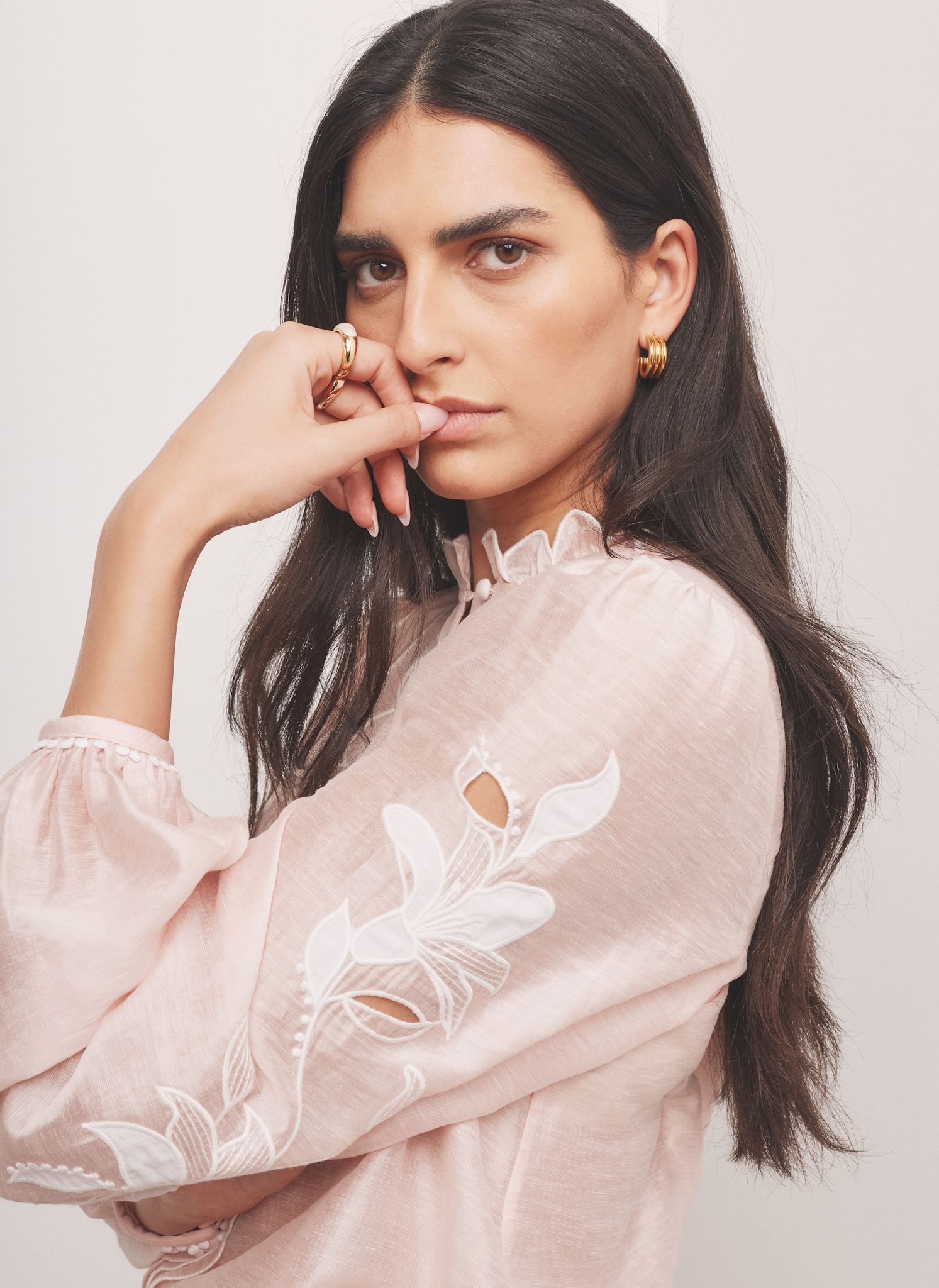 Pink Embroidered Scallop Trim Blouse