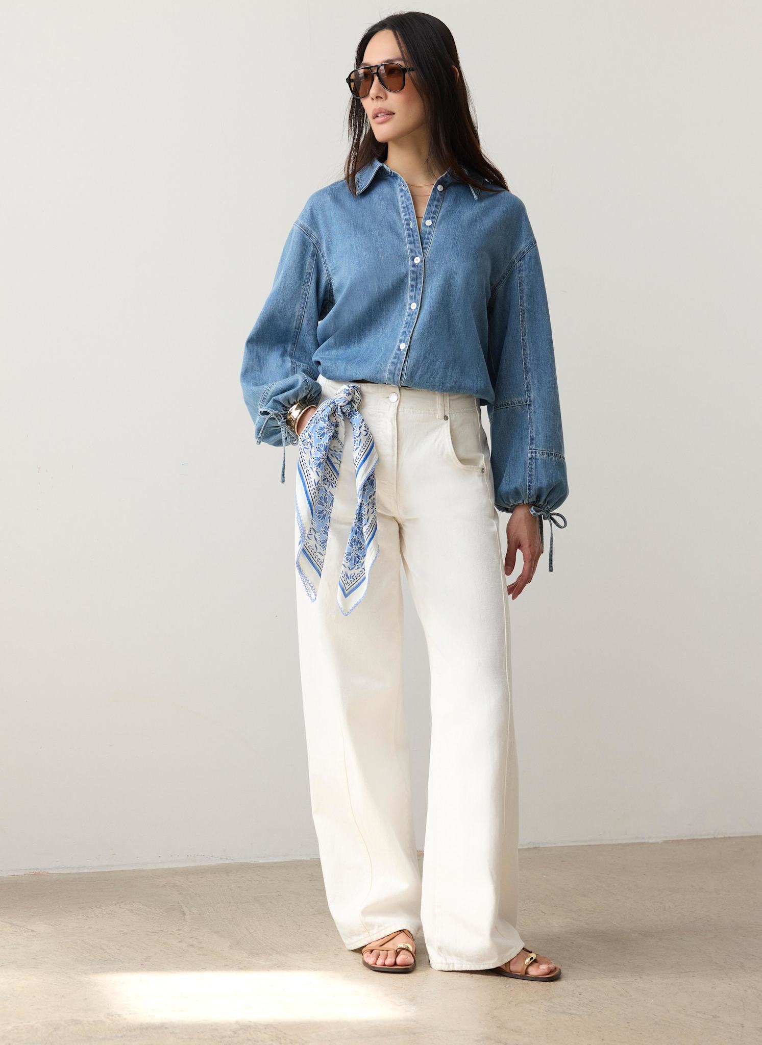 Mid Indigo Denim Blouson Sleeve Shirt