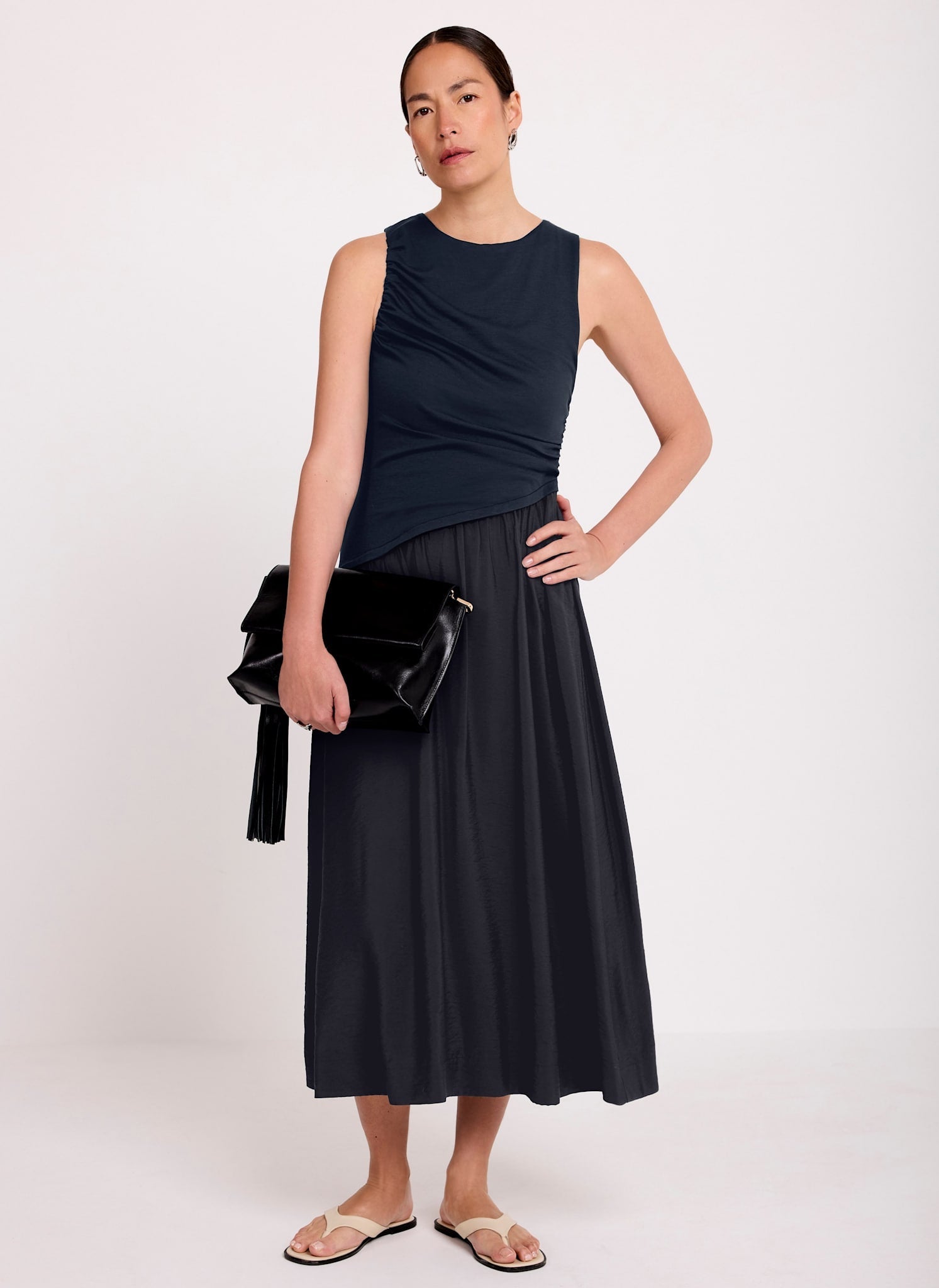 Navy Asymmetric Waist Midi Dress