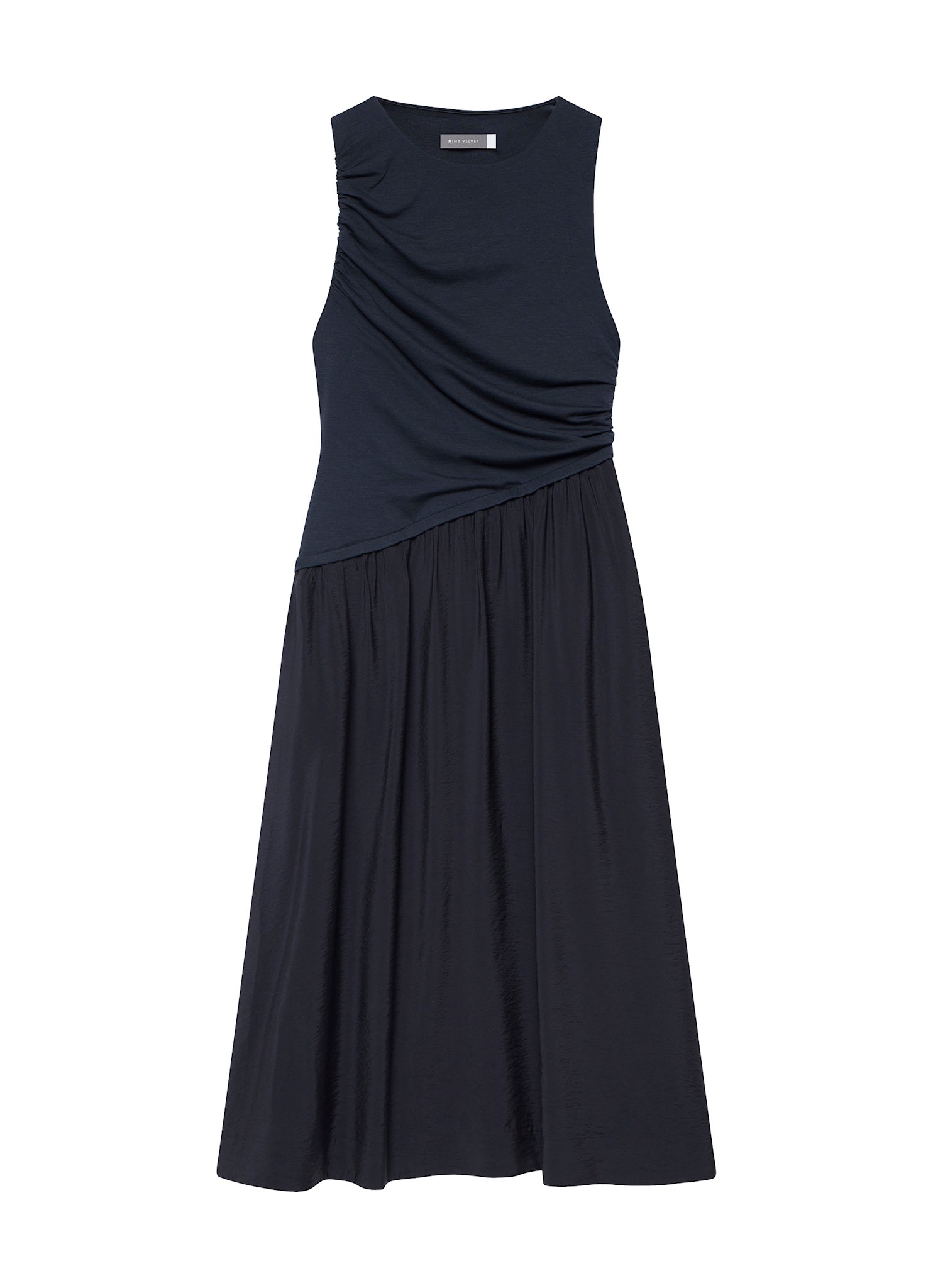 Navy Asymmetric Waist Midi Dress
