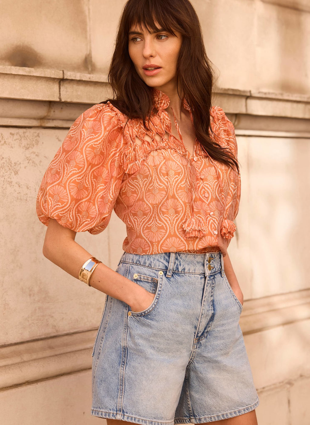 Orange Printed Cut Out Tie Blouse