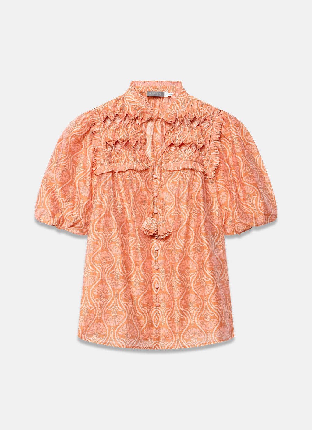 Orange Printed Cut Out Tie Blouse