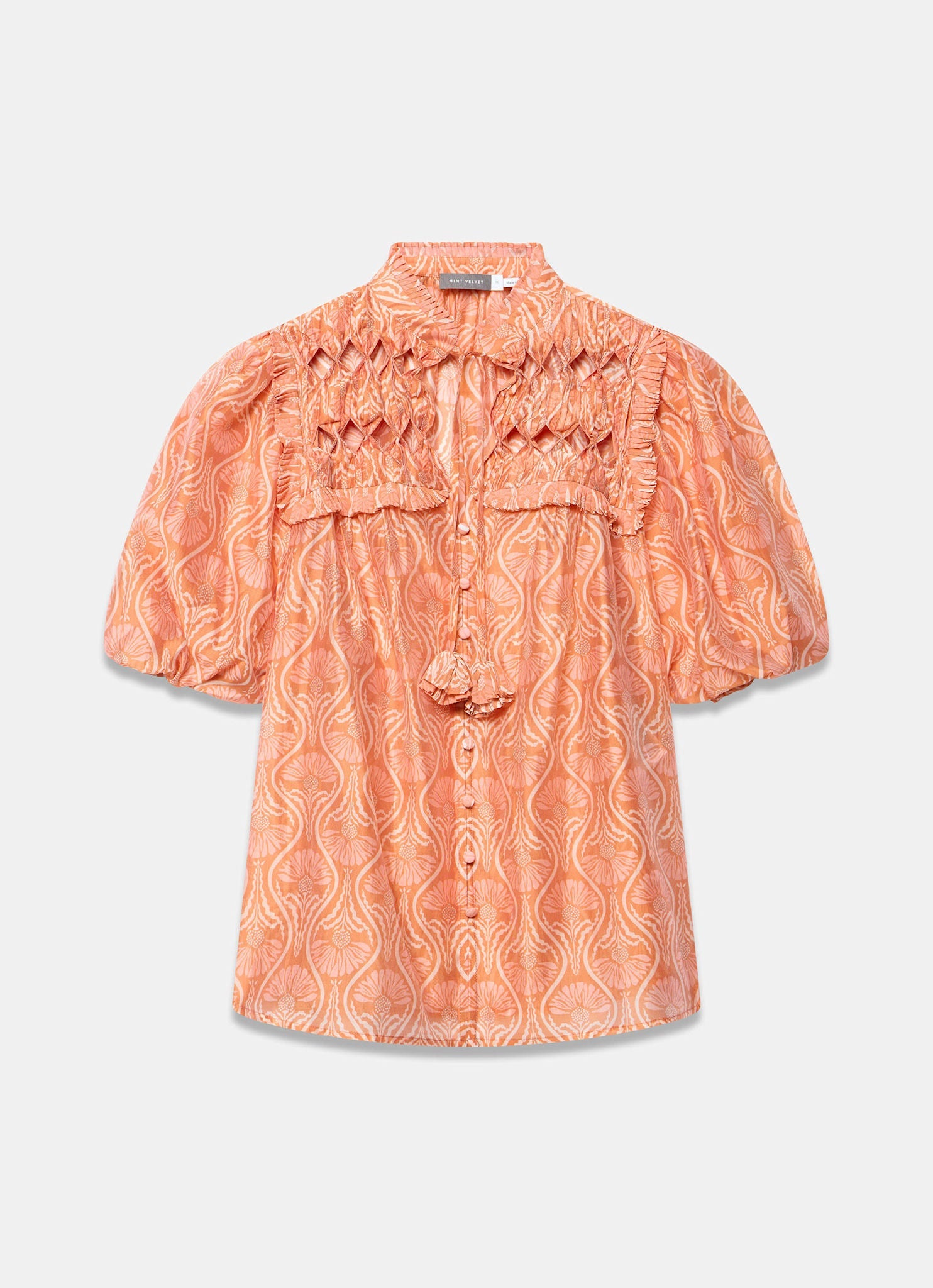 Orange Printed Cut Out Tie Blouse