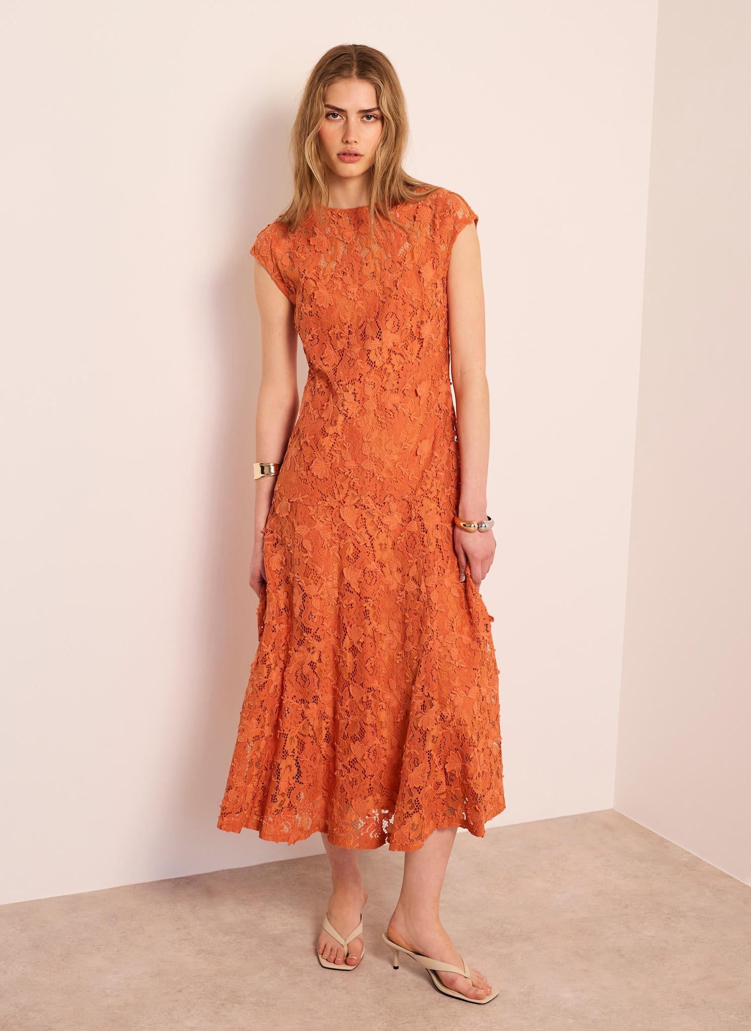 Orange Lace Midi Dress